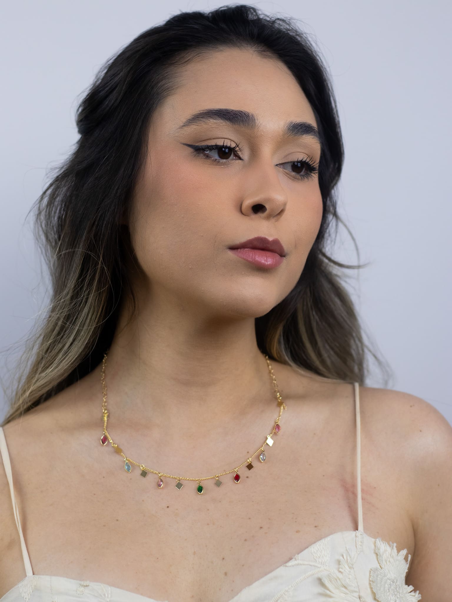 Choker Metal com Navete Colorido Banhado a Ouro 18k