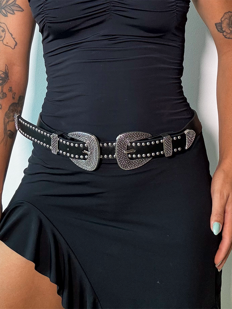 Cinto Country de Couro Sintético Preto com Tachas e Fivela Prata