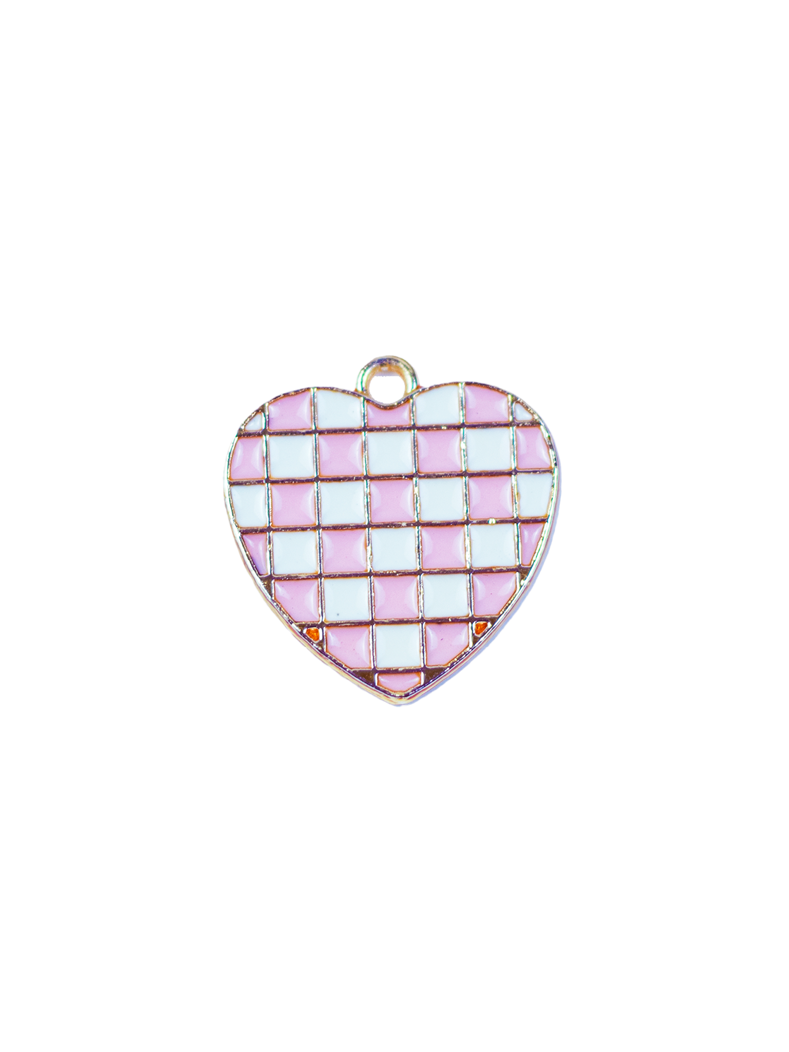 Pingente Dourado de Coração Quadriculado Rosa Claro com Branco