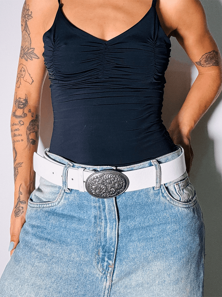 Cinto Cowboy de Couro Sintético Branco com Fivela de Metal Criativa