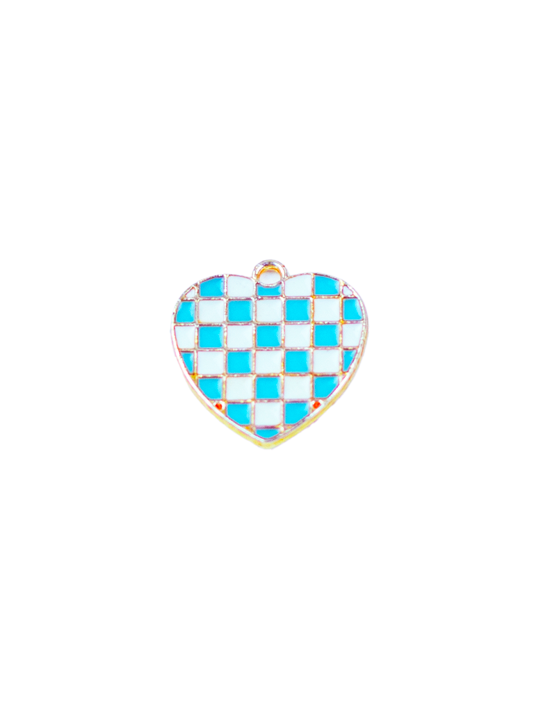 Pingente Dourado de Coração com Quadriculado Azul e Branco