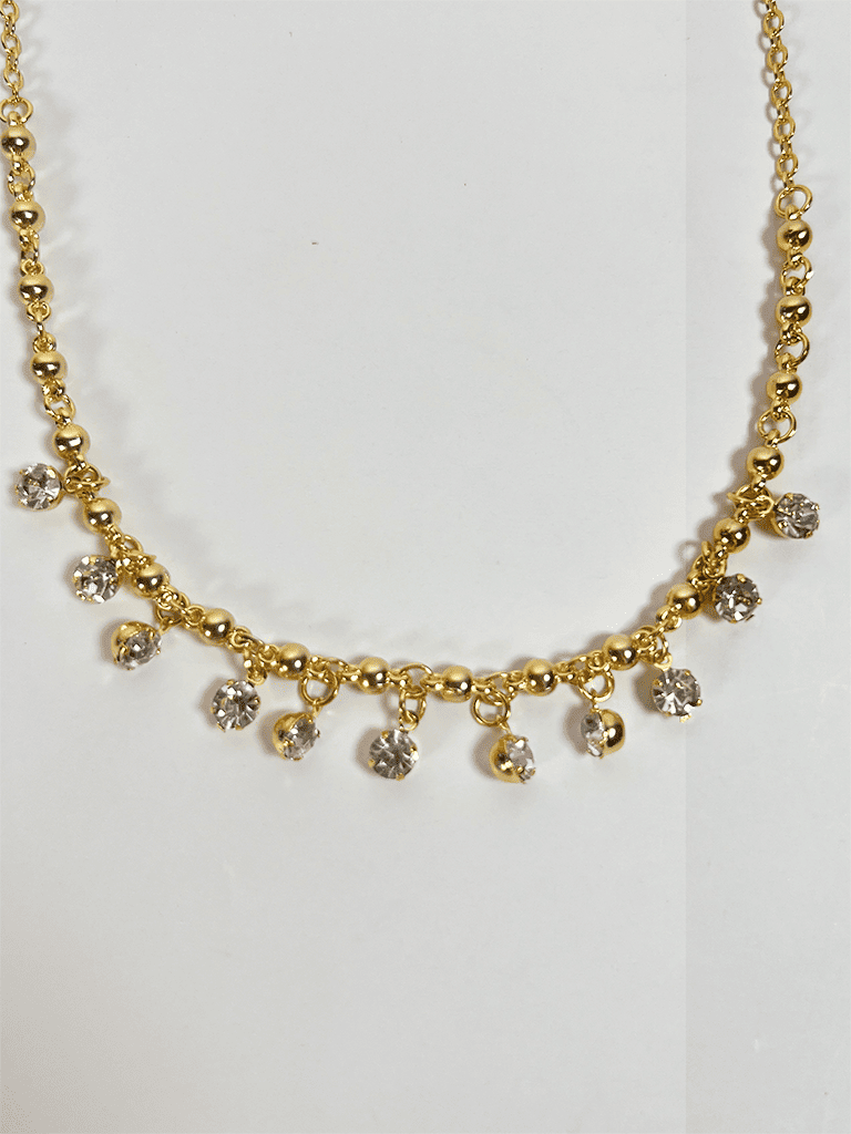 Colar Dourado com Bolinhas e Pingentes de Zircônia