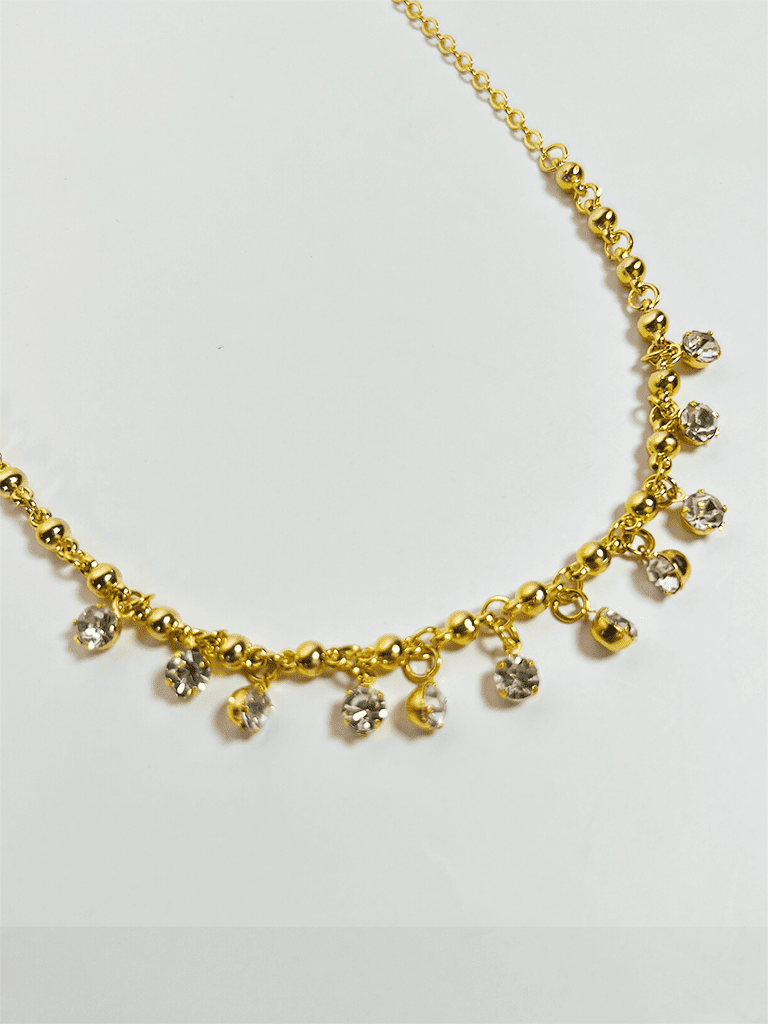 Colar Dourado com Bolinhas e Pingentes de Zircônia