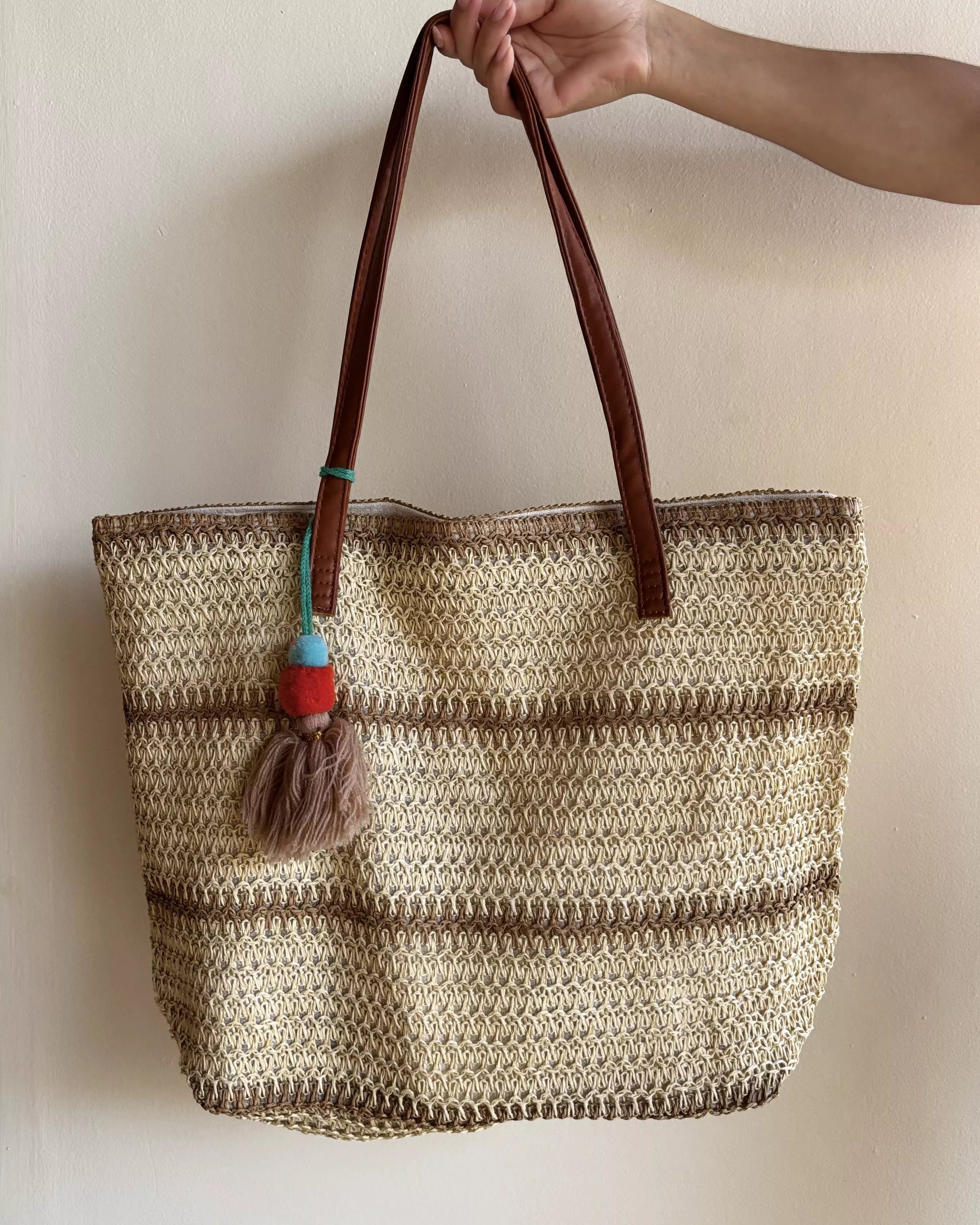 Bolsa De Praia Em Palha Com Alças de Couro