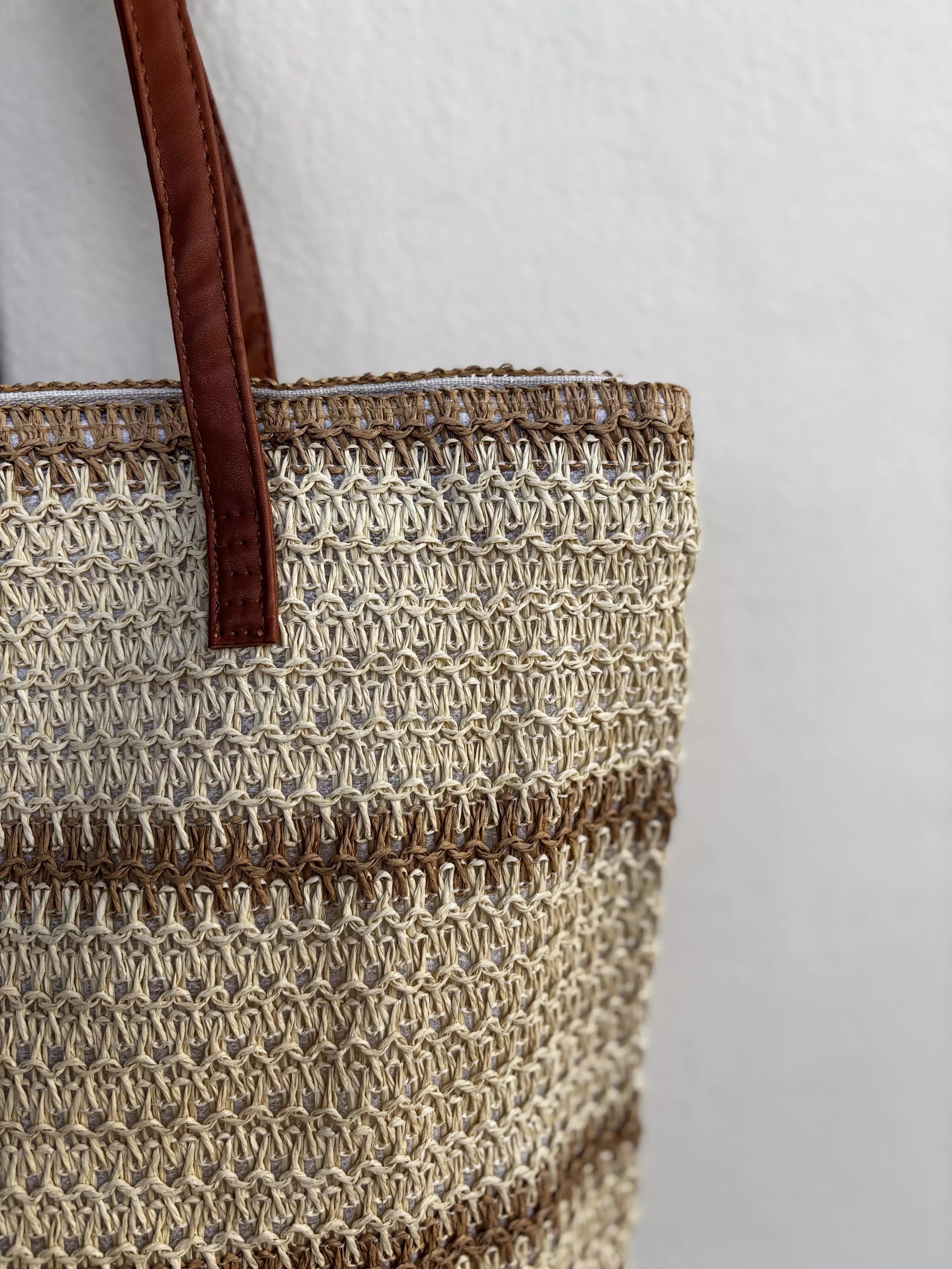 Bolsa De Praia Em Palha Com Alças de Couro