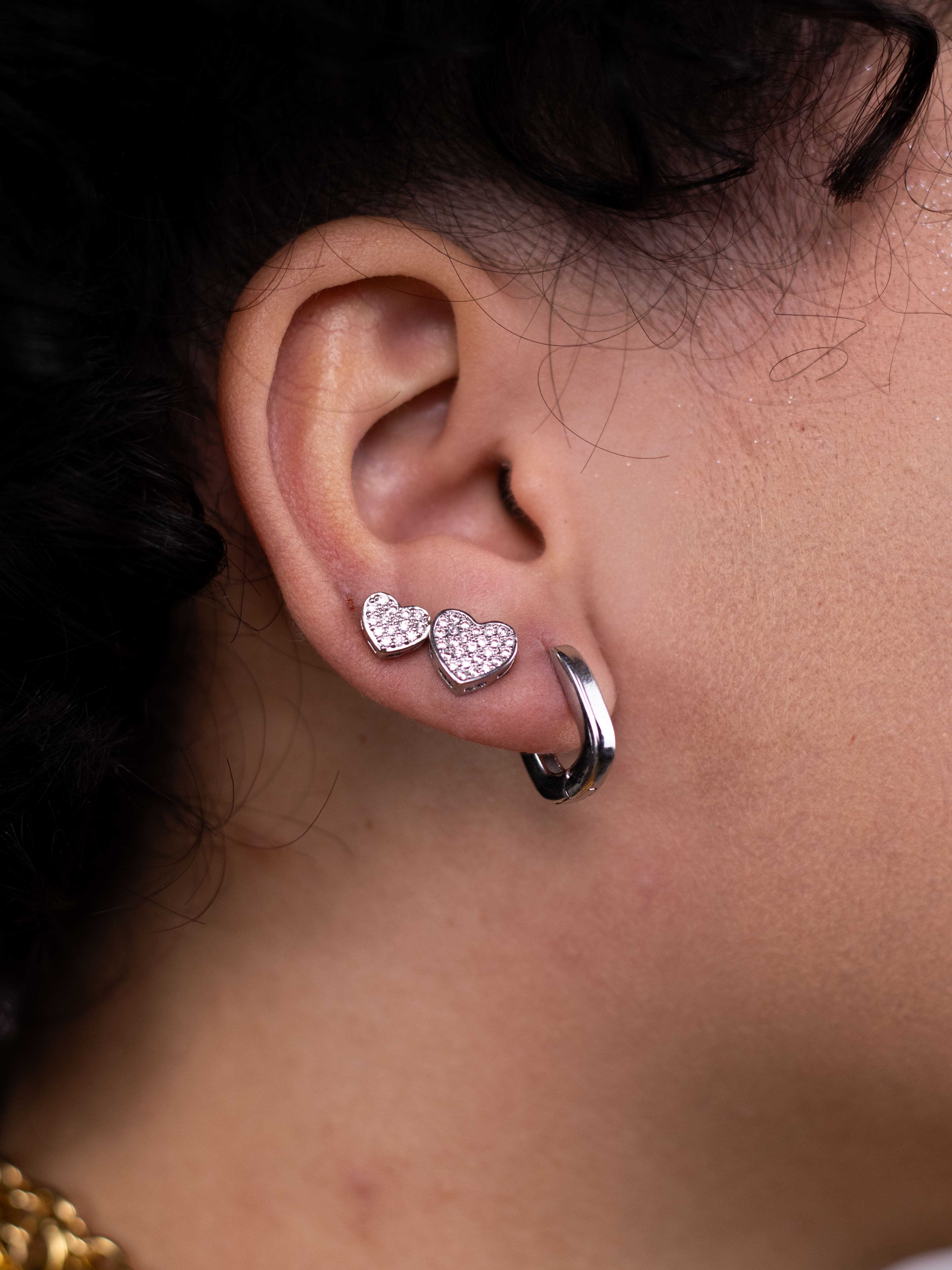 Brinco Trio de Coração com Zircônia e Argola de Metal Prata