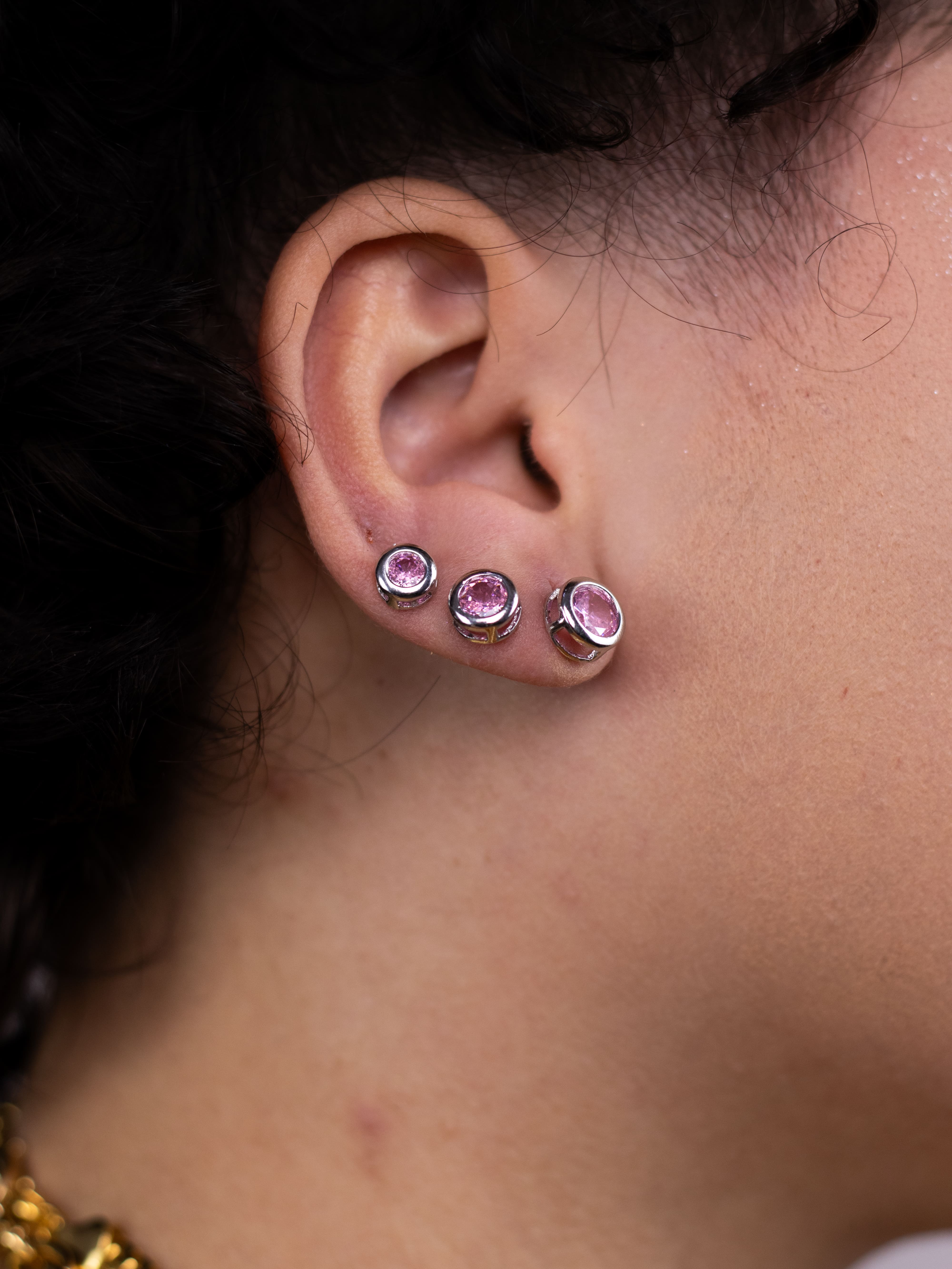 Brinco Trio Prata com Bolinha Colorida e Cristal