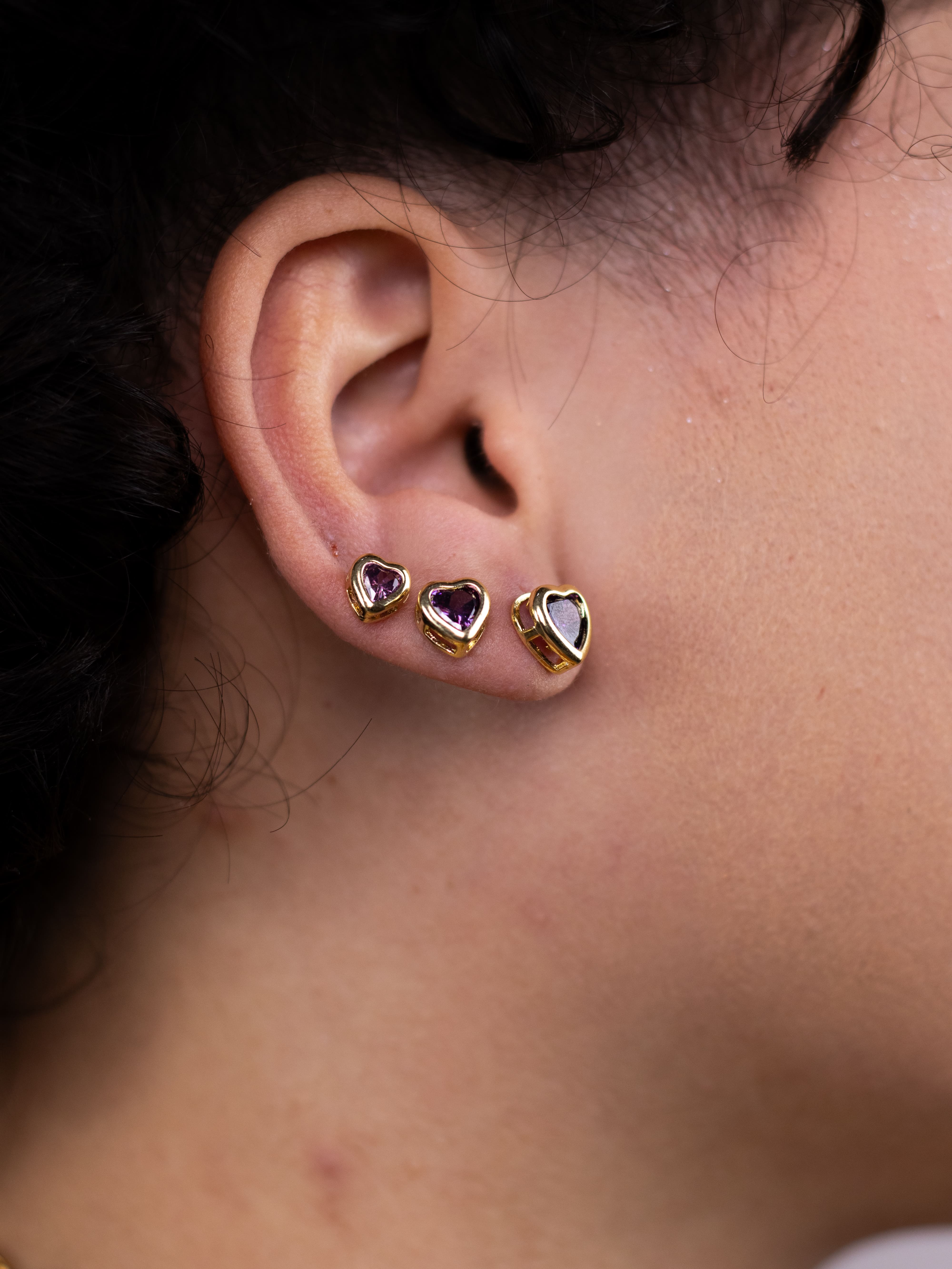 Brinco Trio Dourado Colorido Coração com Cristal