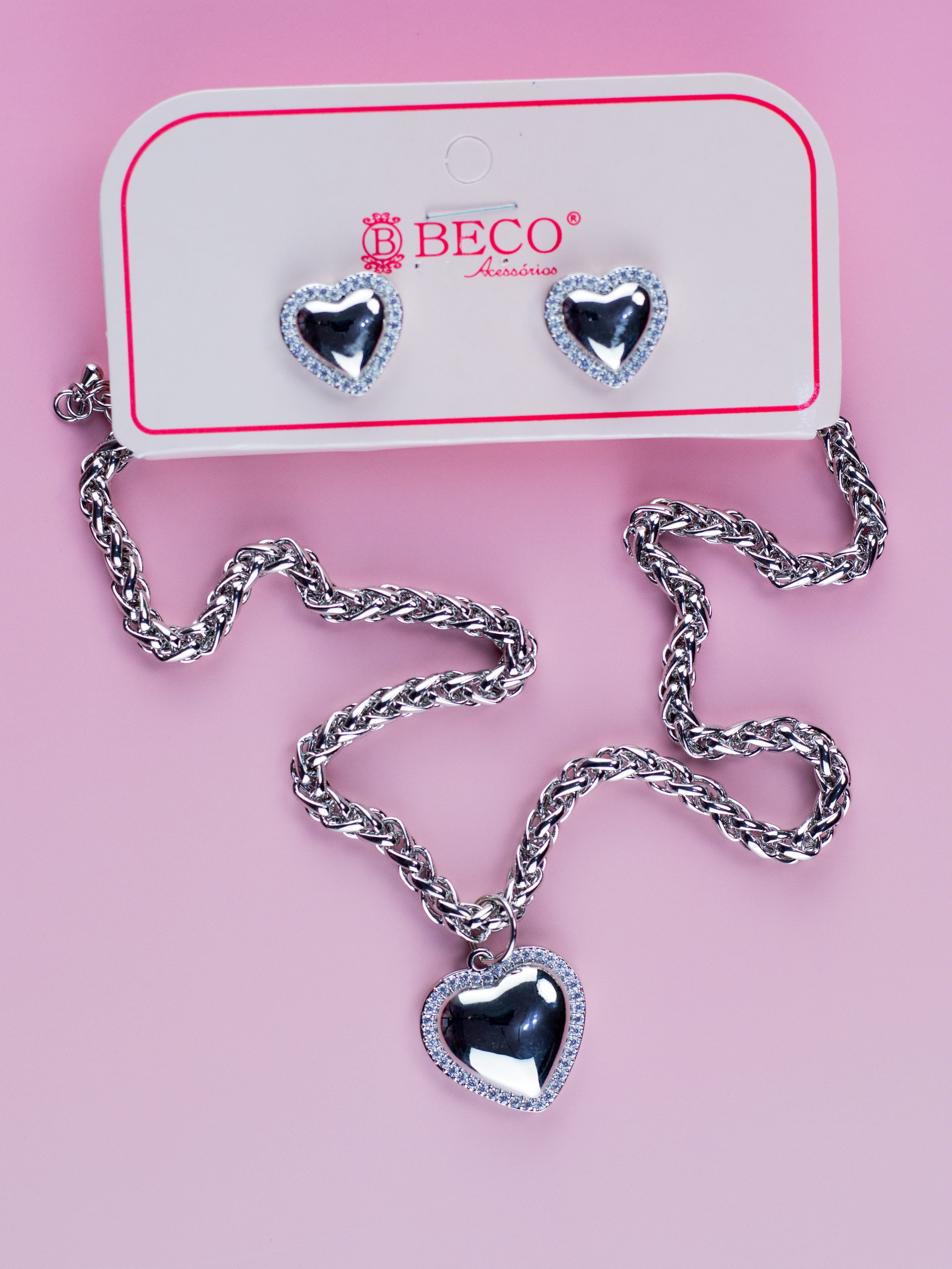 Conjunto Colar e Brinco de Metal Prata com Coração Zircônia