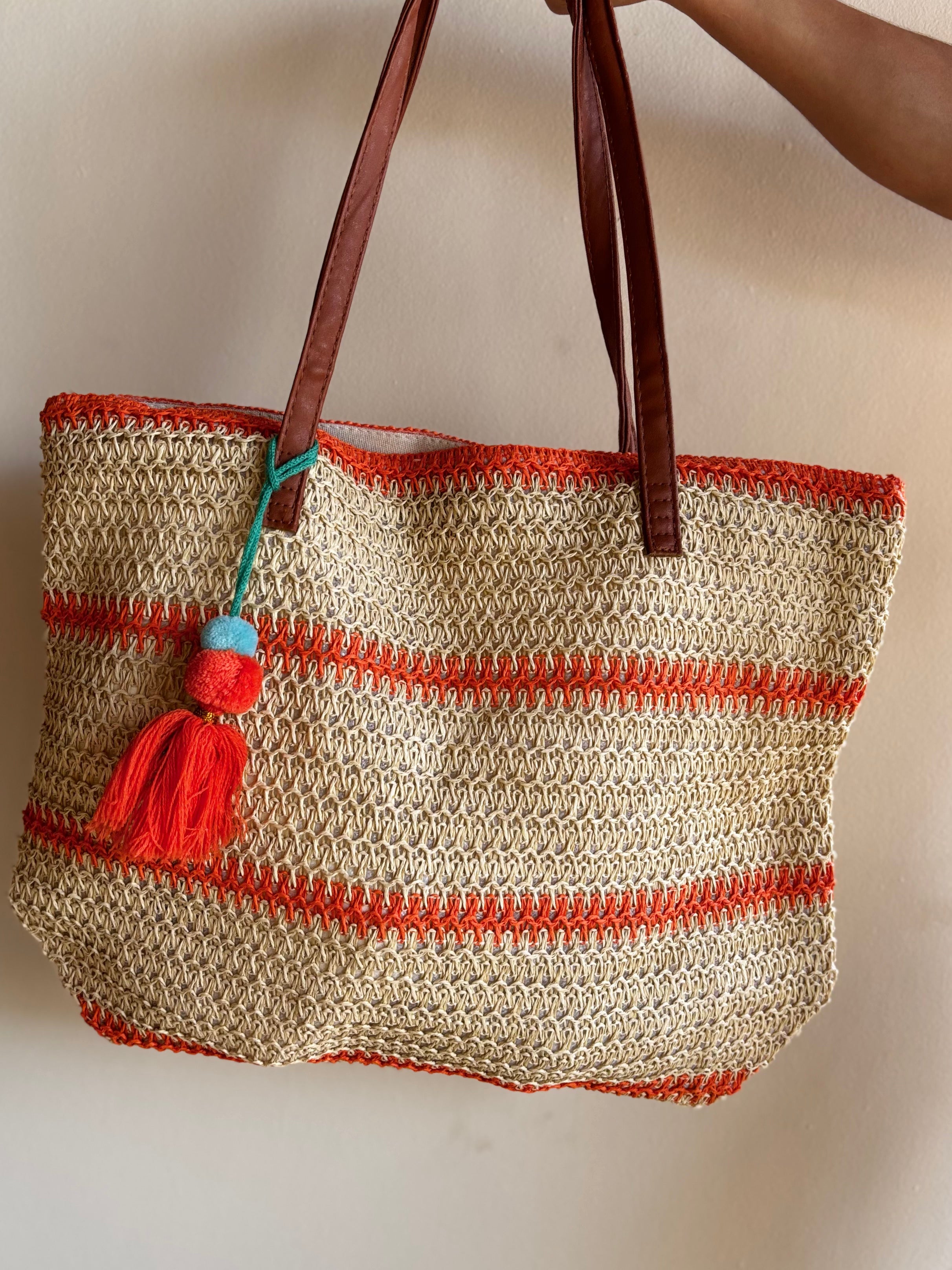 Bolsa De Praia Em Palha Com Alças de Couro