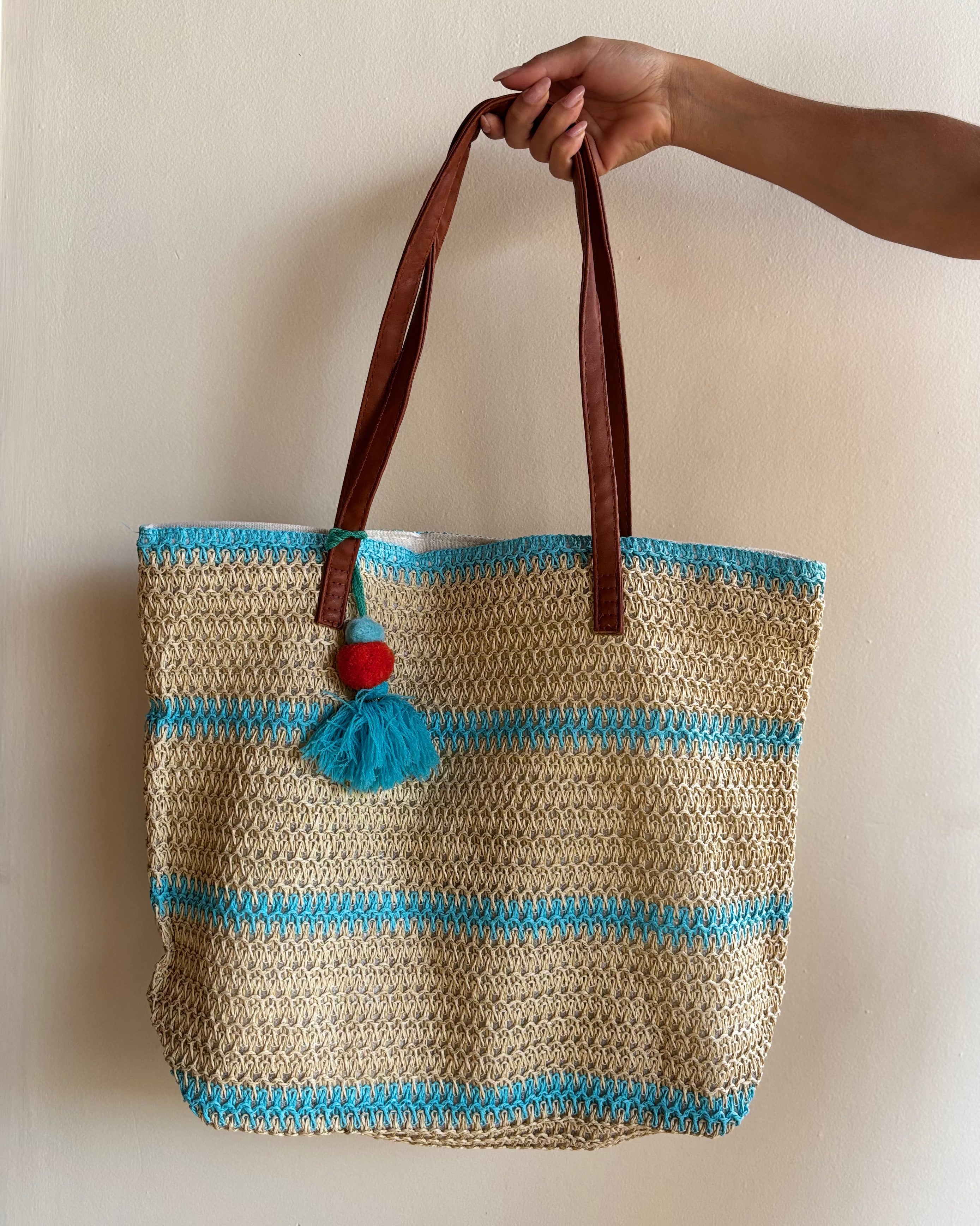 Bolsa De Praia Em Palha Com Alças de Couro