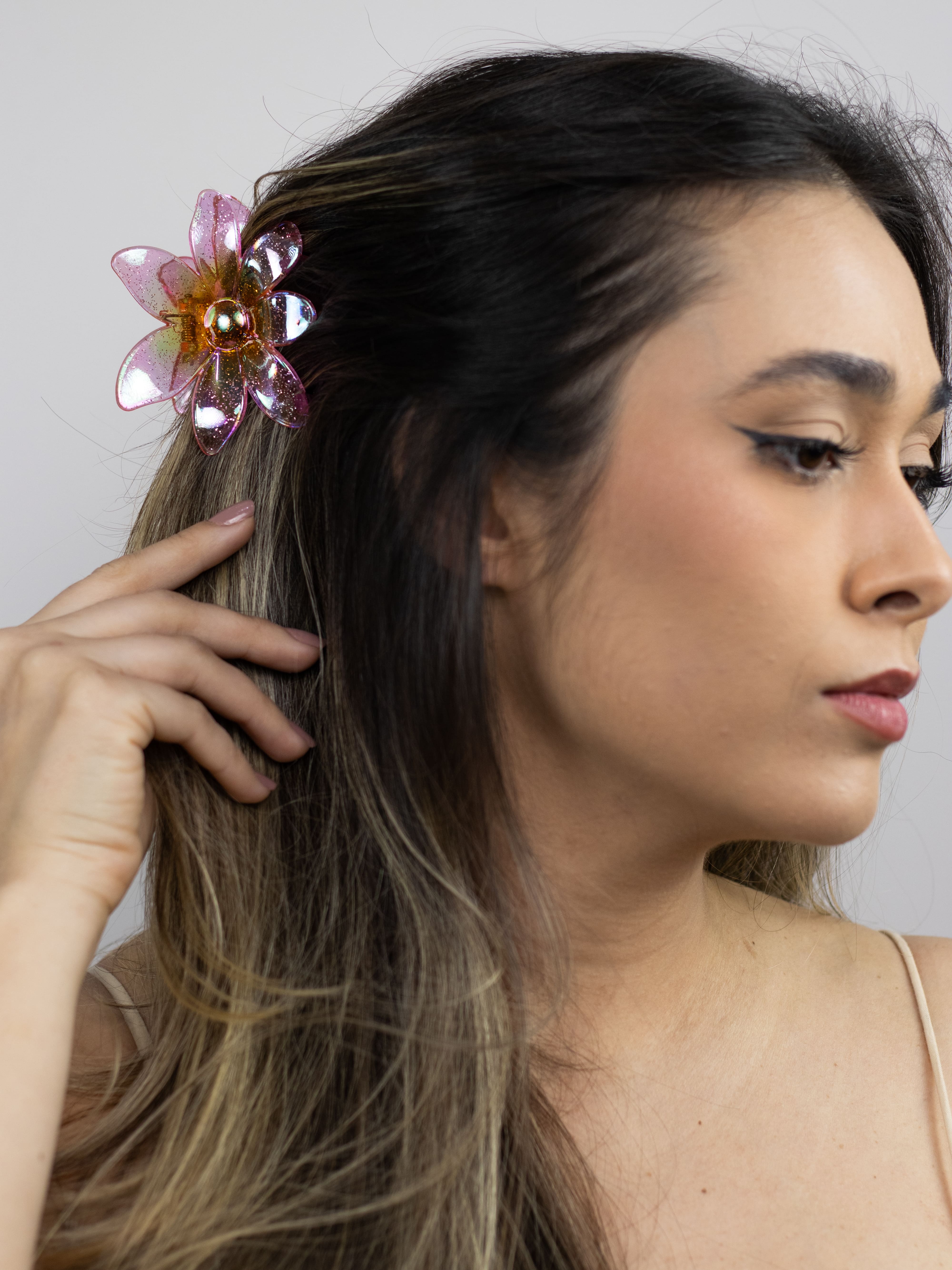 Piranha De flor com Glítter Rosa com Laranja