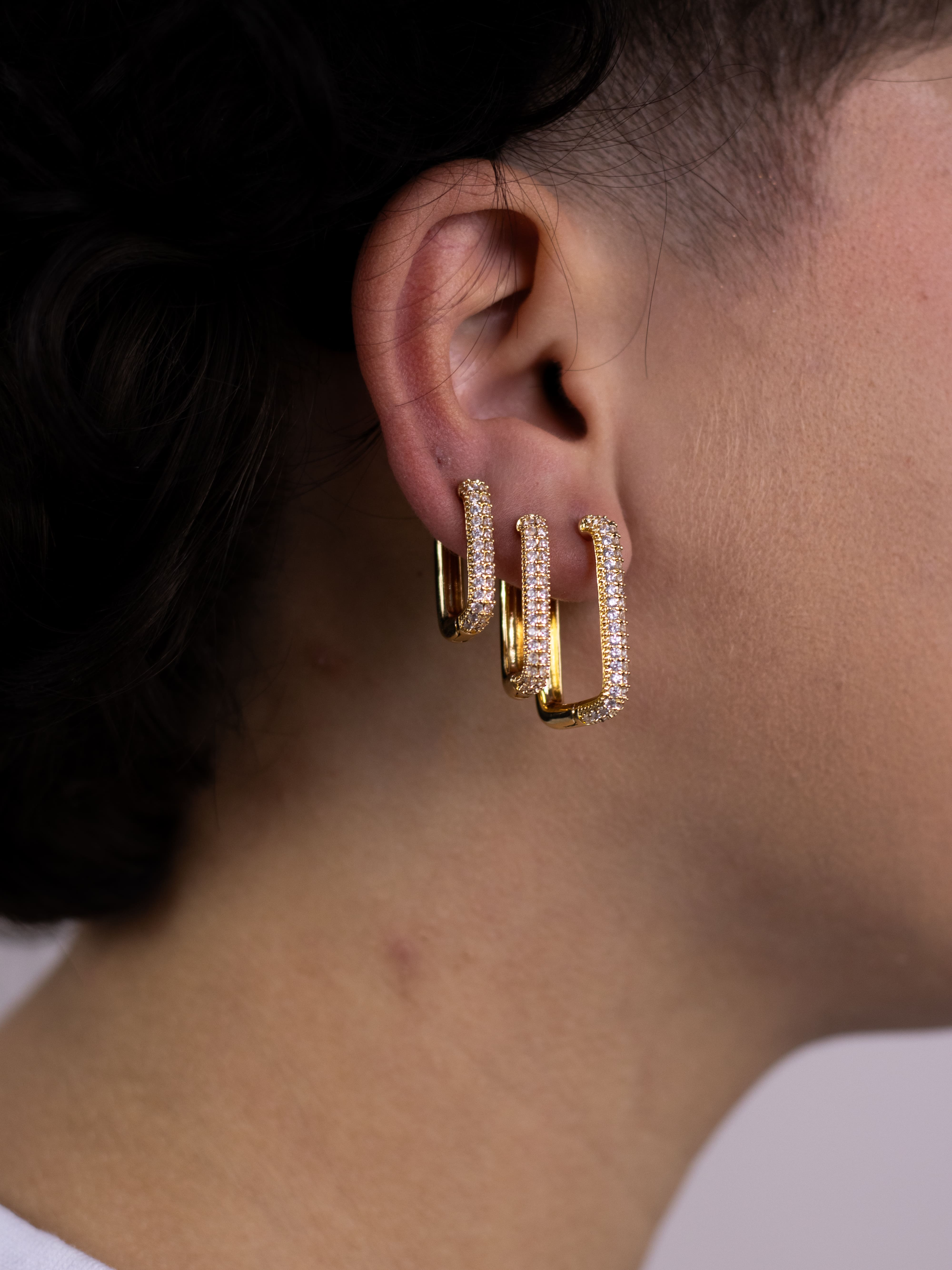 Brinco Trio Argolinha Dourada de Zircônia Quadrada