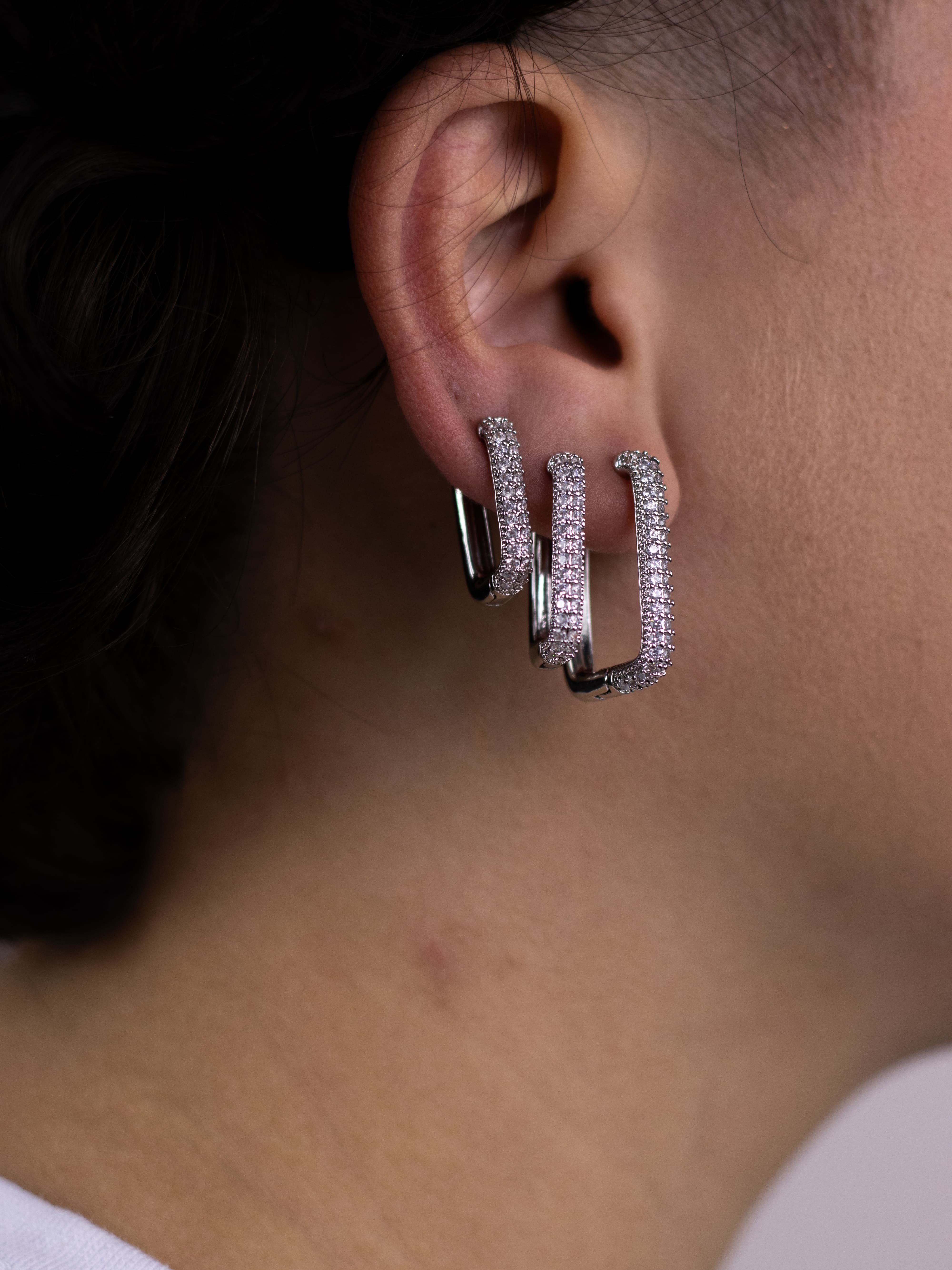 Brinco Trio Argolinha Prata de Zircônia Quadrada