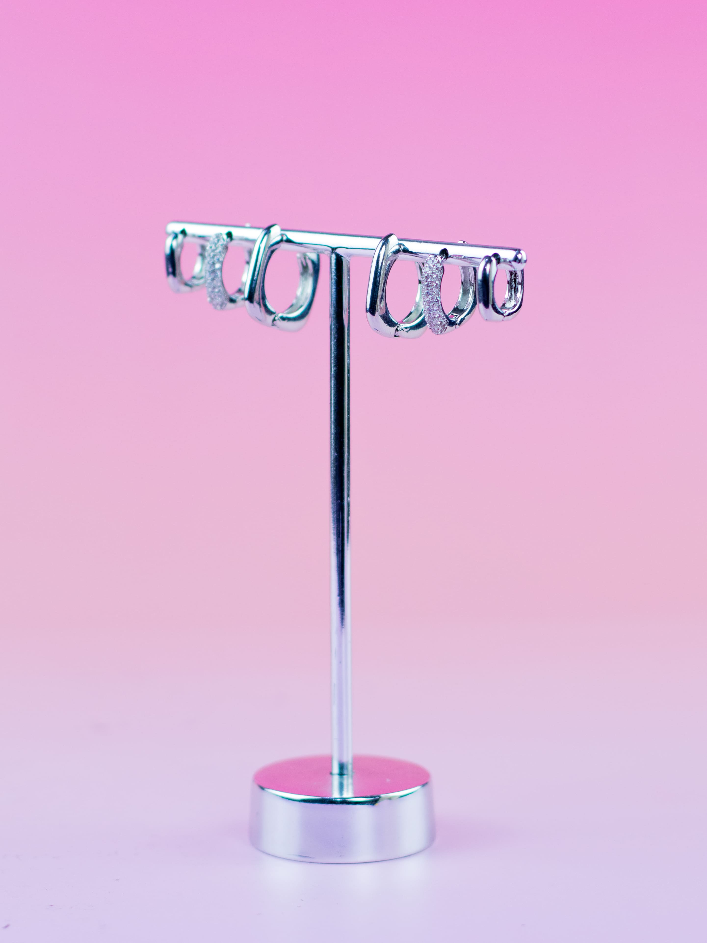 Brinco Trio de Argolinha Prata Quadrade de Zircônia e Metal