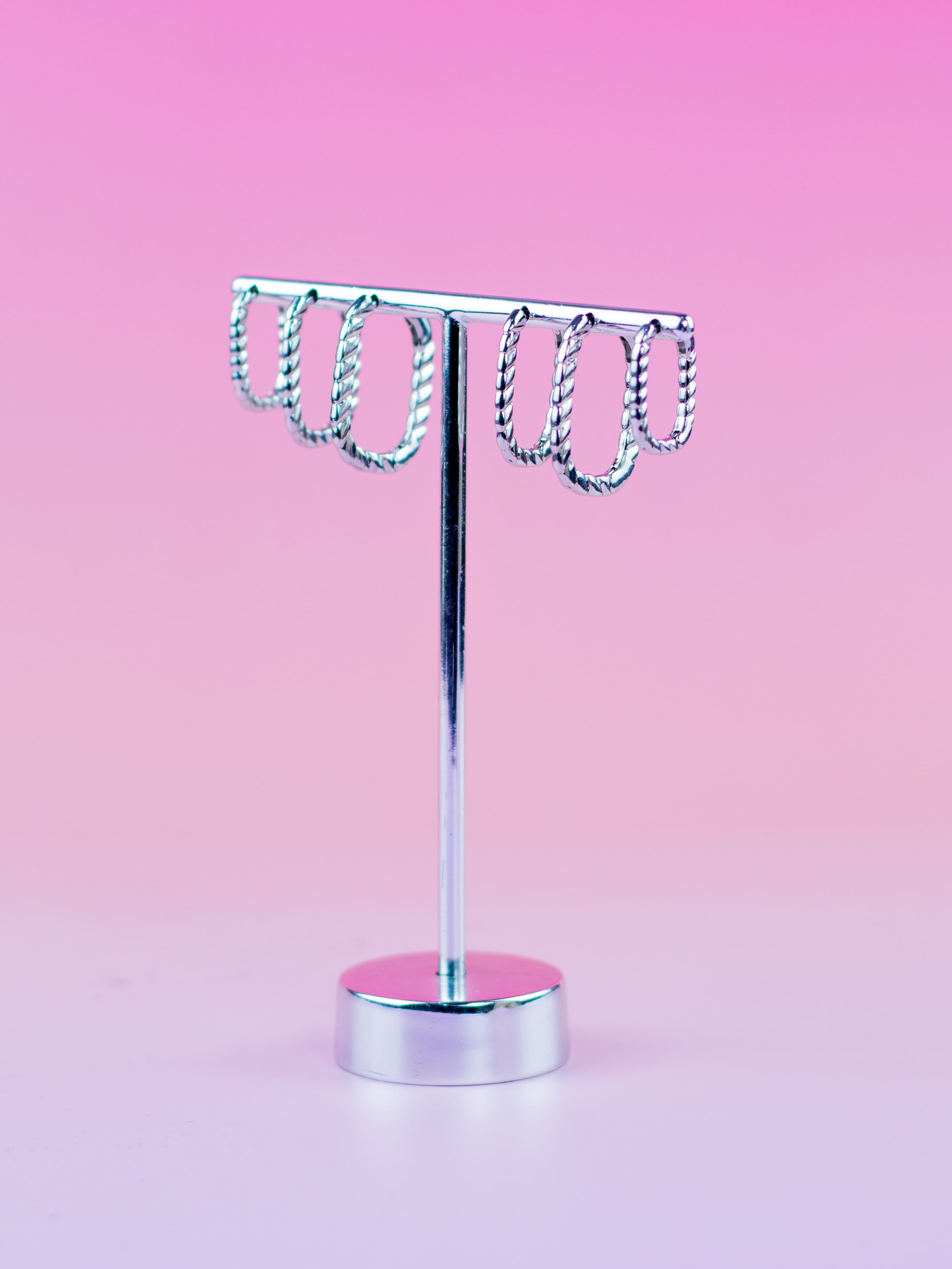 Brinco Trio de Argolinha Prata Quadrada de Metal com Friso