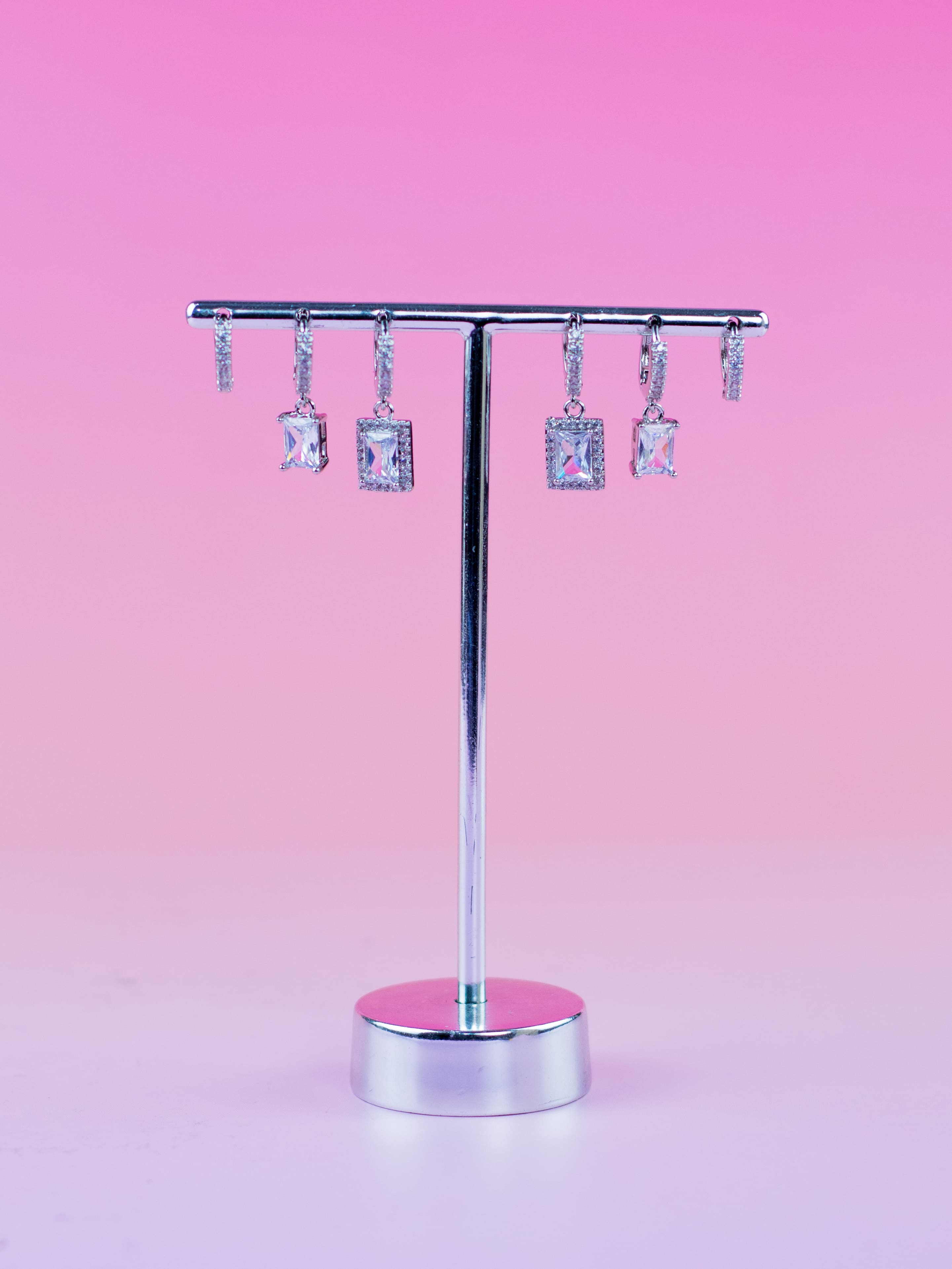 Brinco Trio Argolinha Prata com Pingente Quadrado de Zircônia