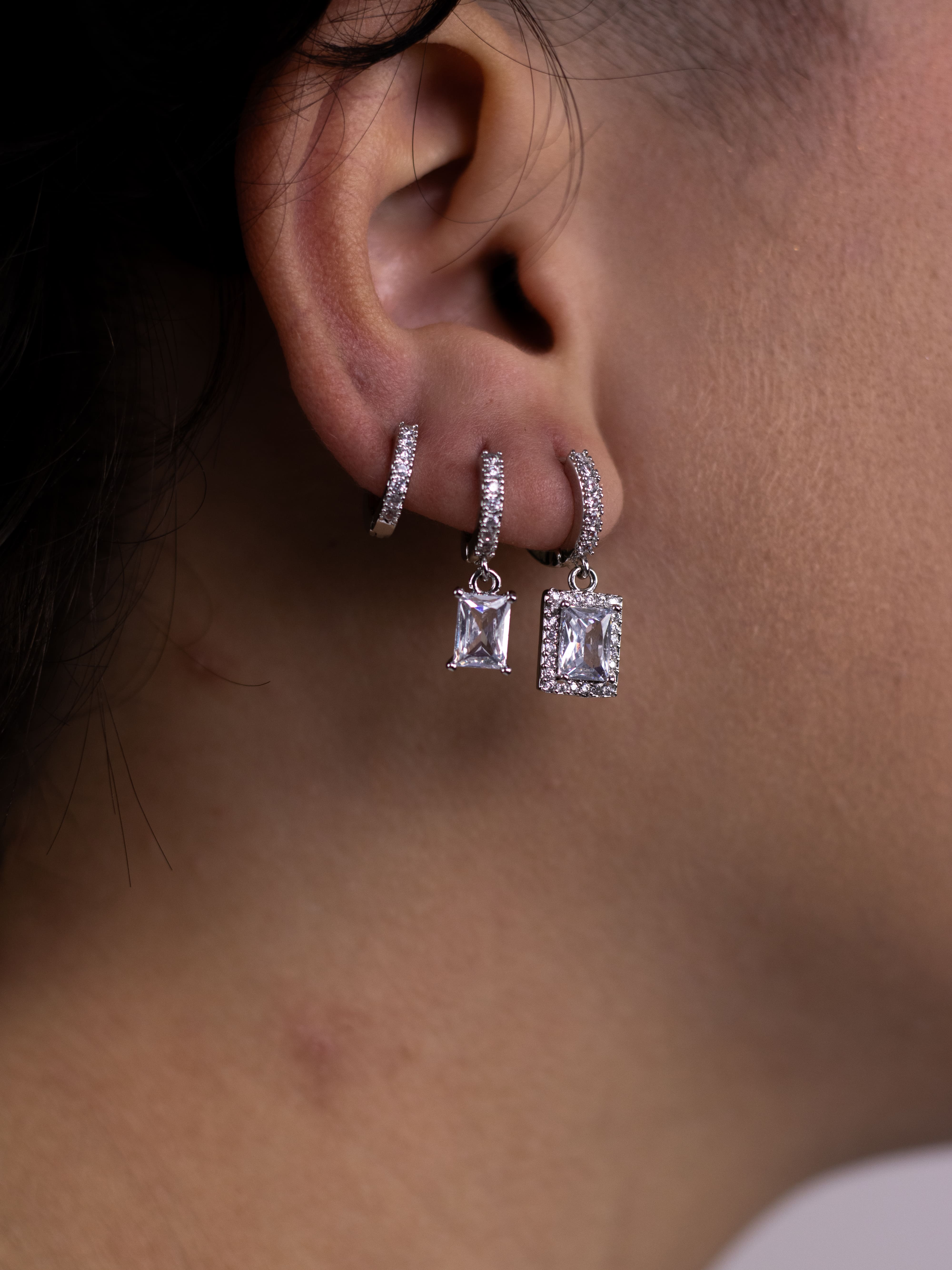 Brinco Trio Argolinha Prata com Pingente Quadrado de Zircônia