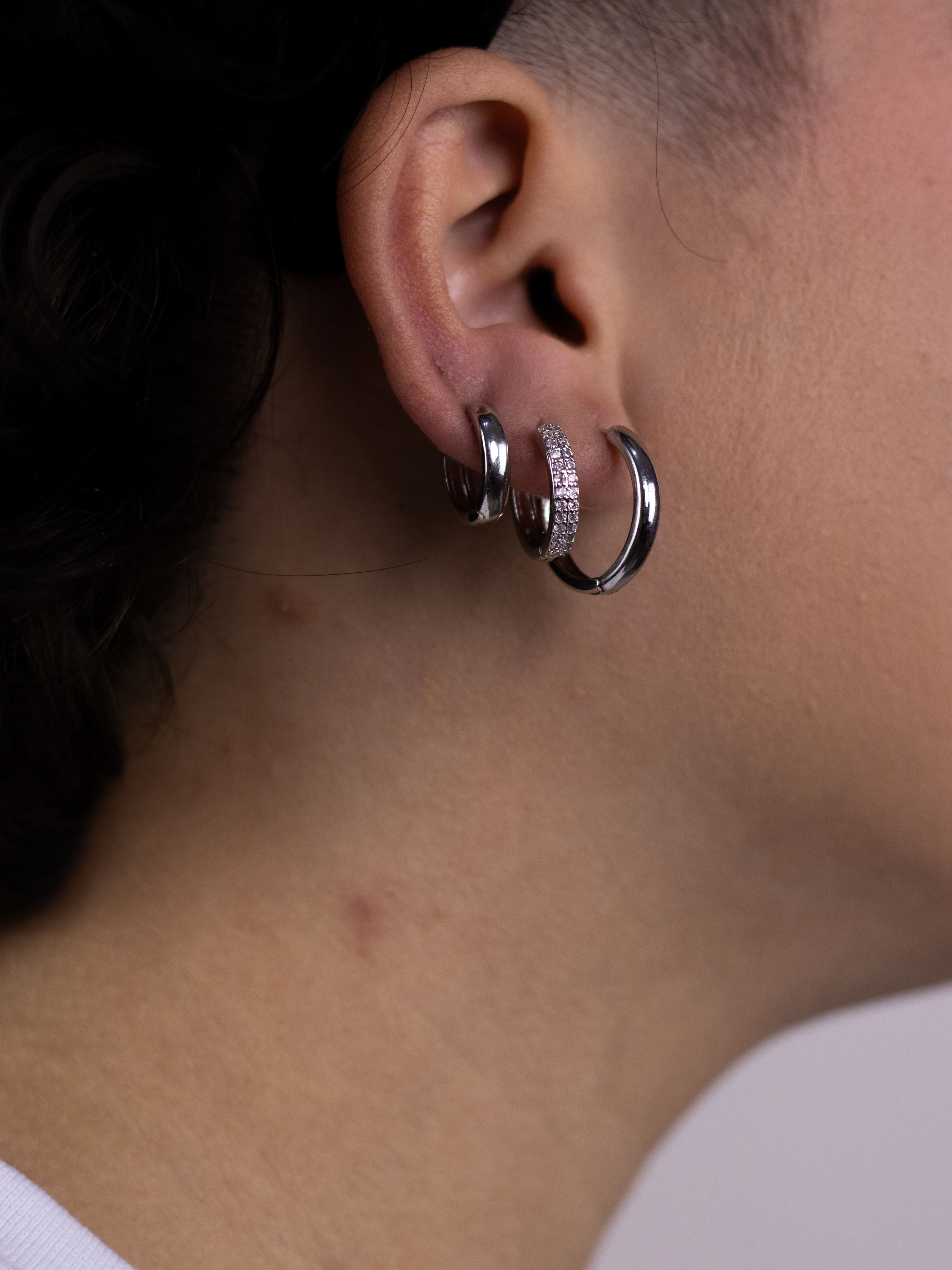 Brinco Trio de Argolinha de Zircônia com Metal Liso Prata