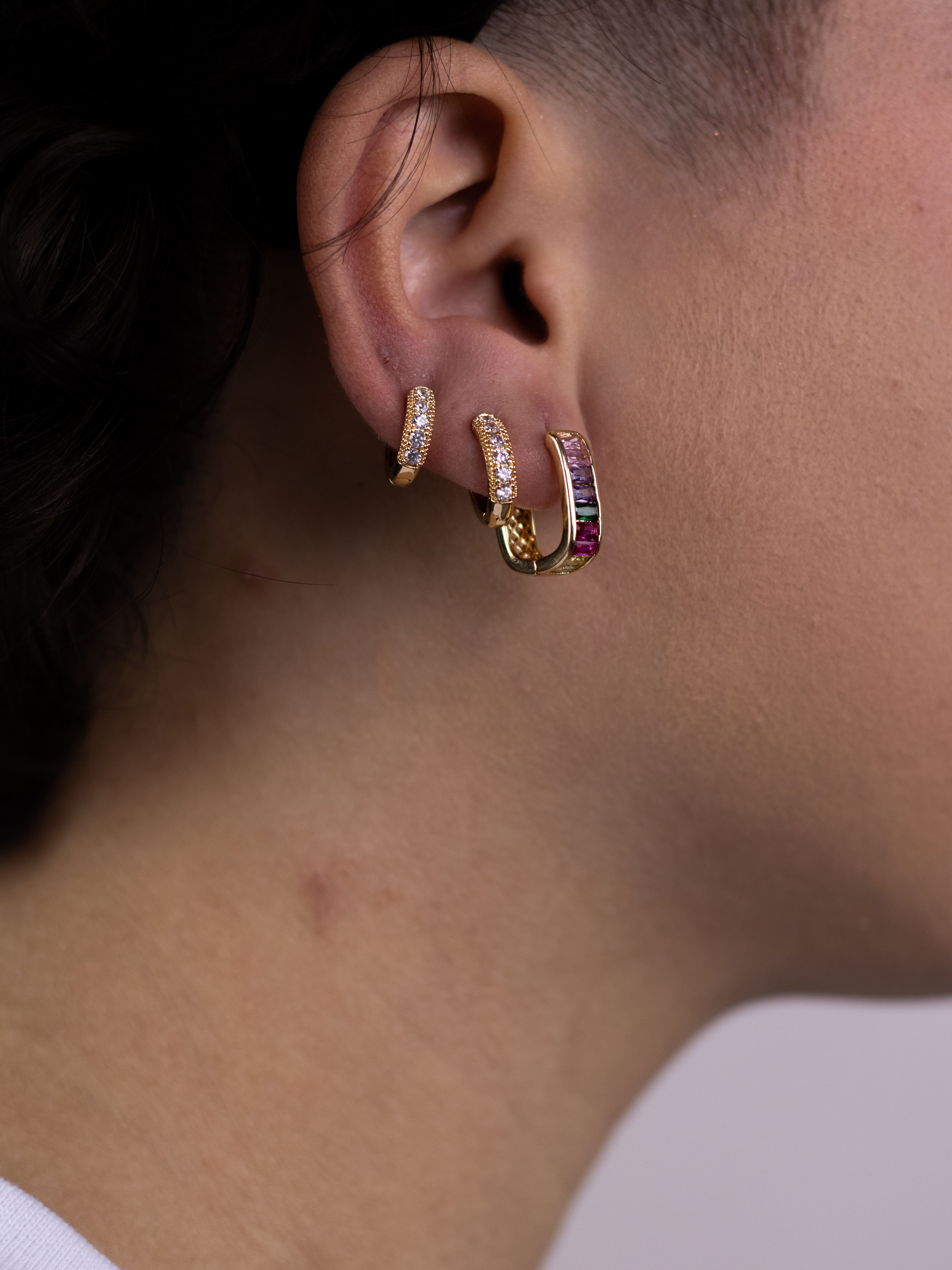 Brinco Trio Argolinha de Zircônia Dourado Colorido