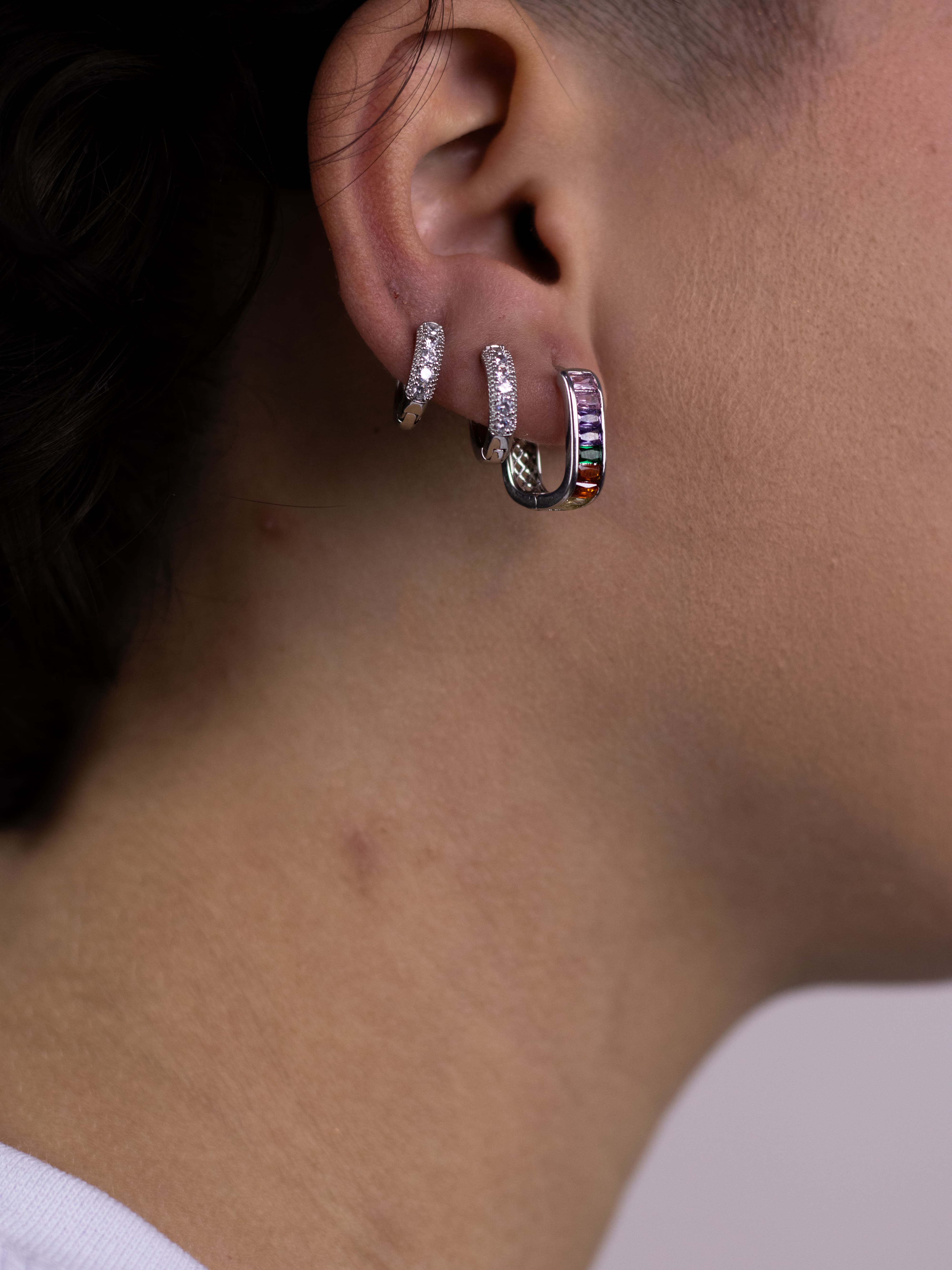 Brinco Trio Argolinha de Zircônia Prata Colorido