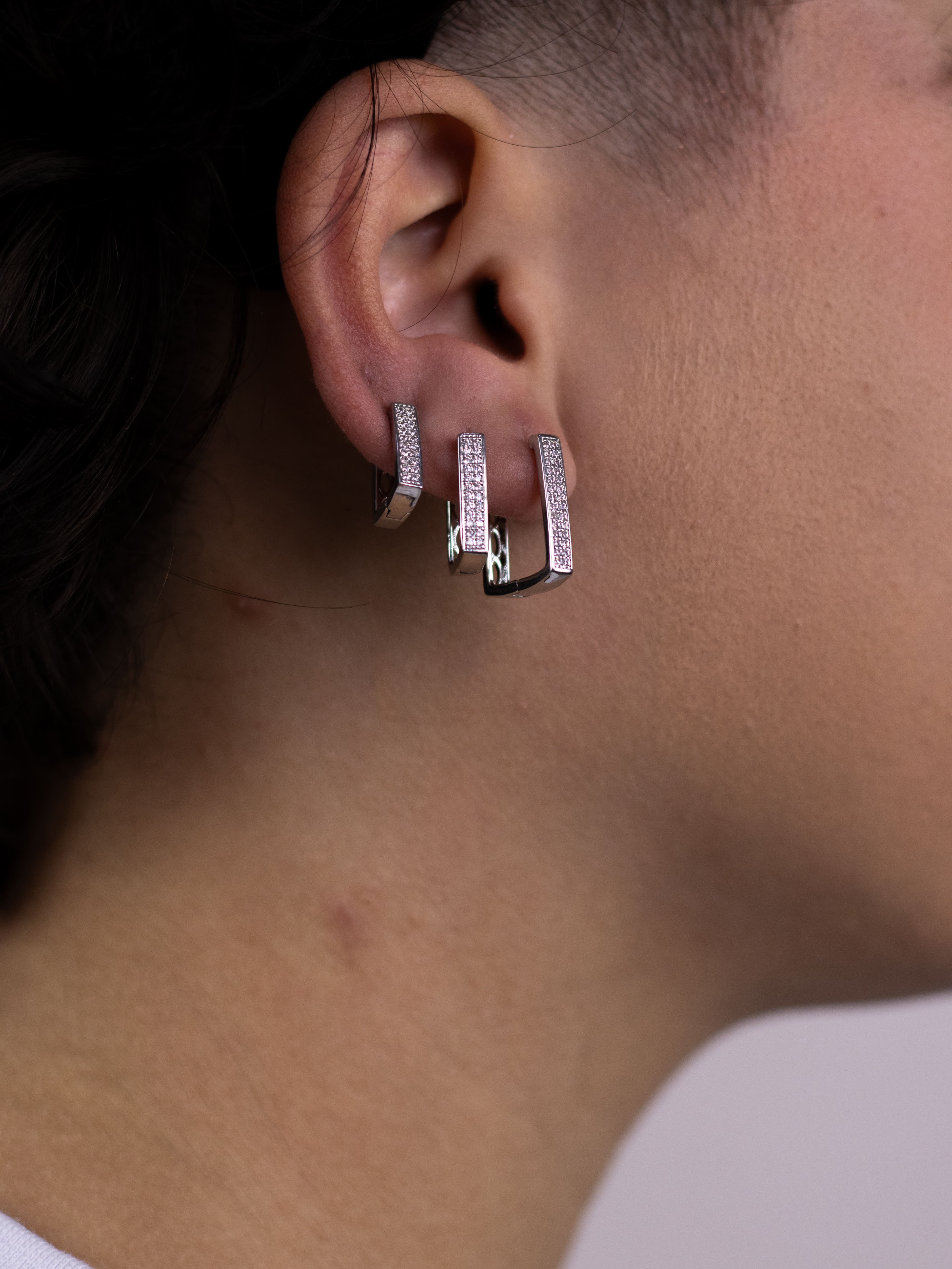 Brinco Trio de Argolinha Prata com Zircônia Quadrada