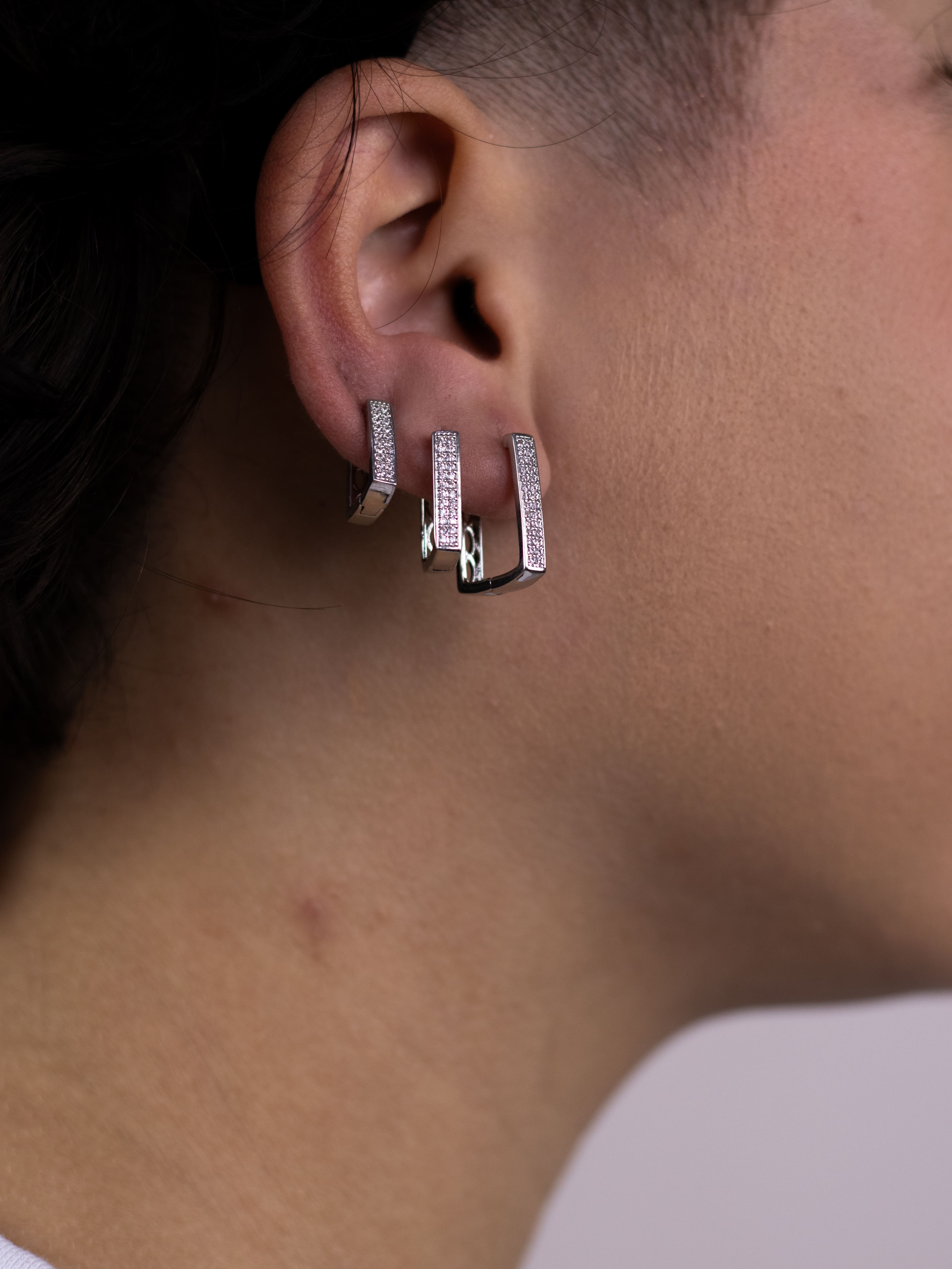 Brinco Trio de Argolinha Prata com Zircônia Quadrada