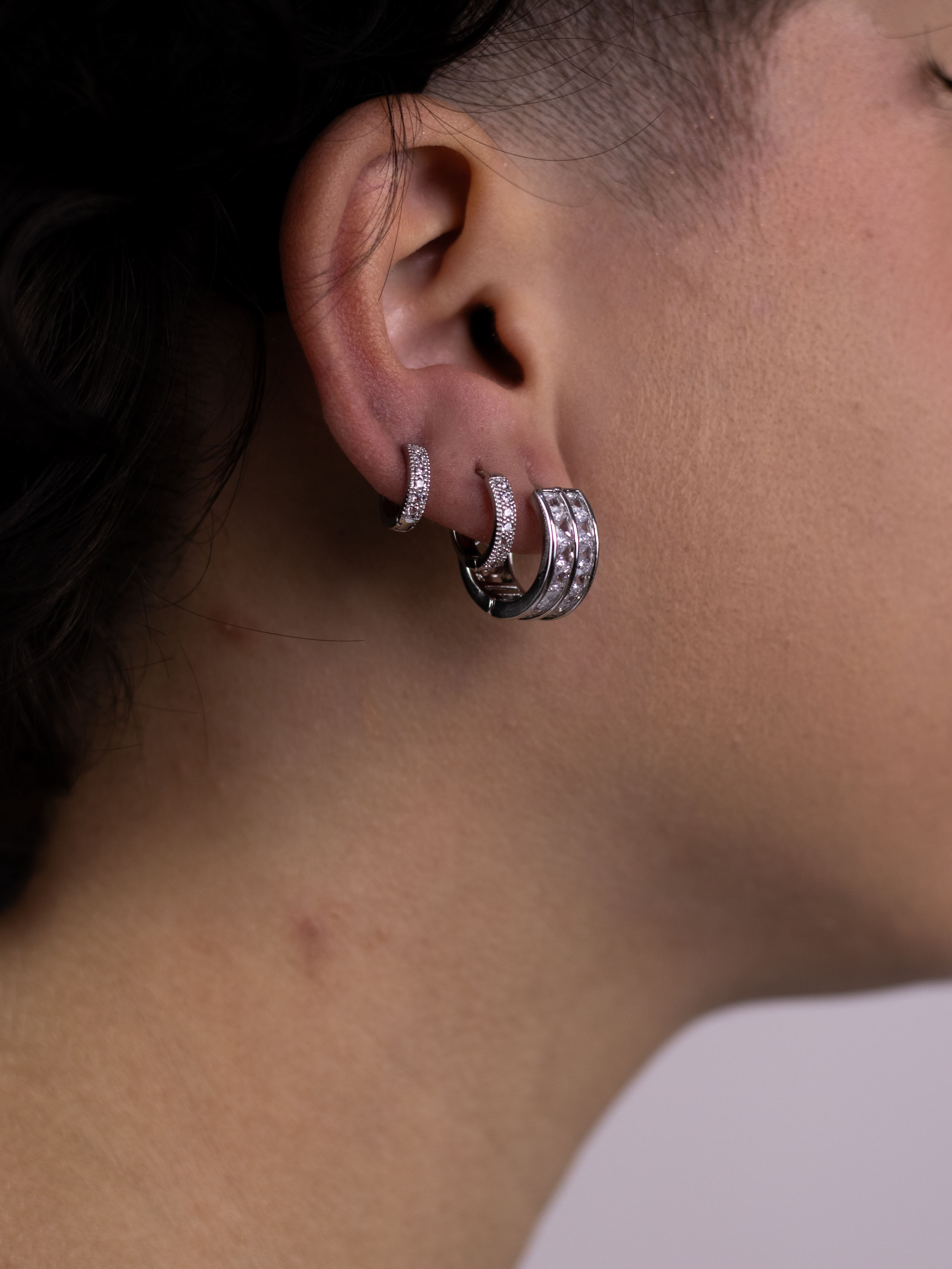 Brinco Trio de Argolinha Prata com Zircônia Dupla