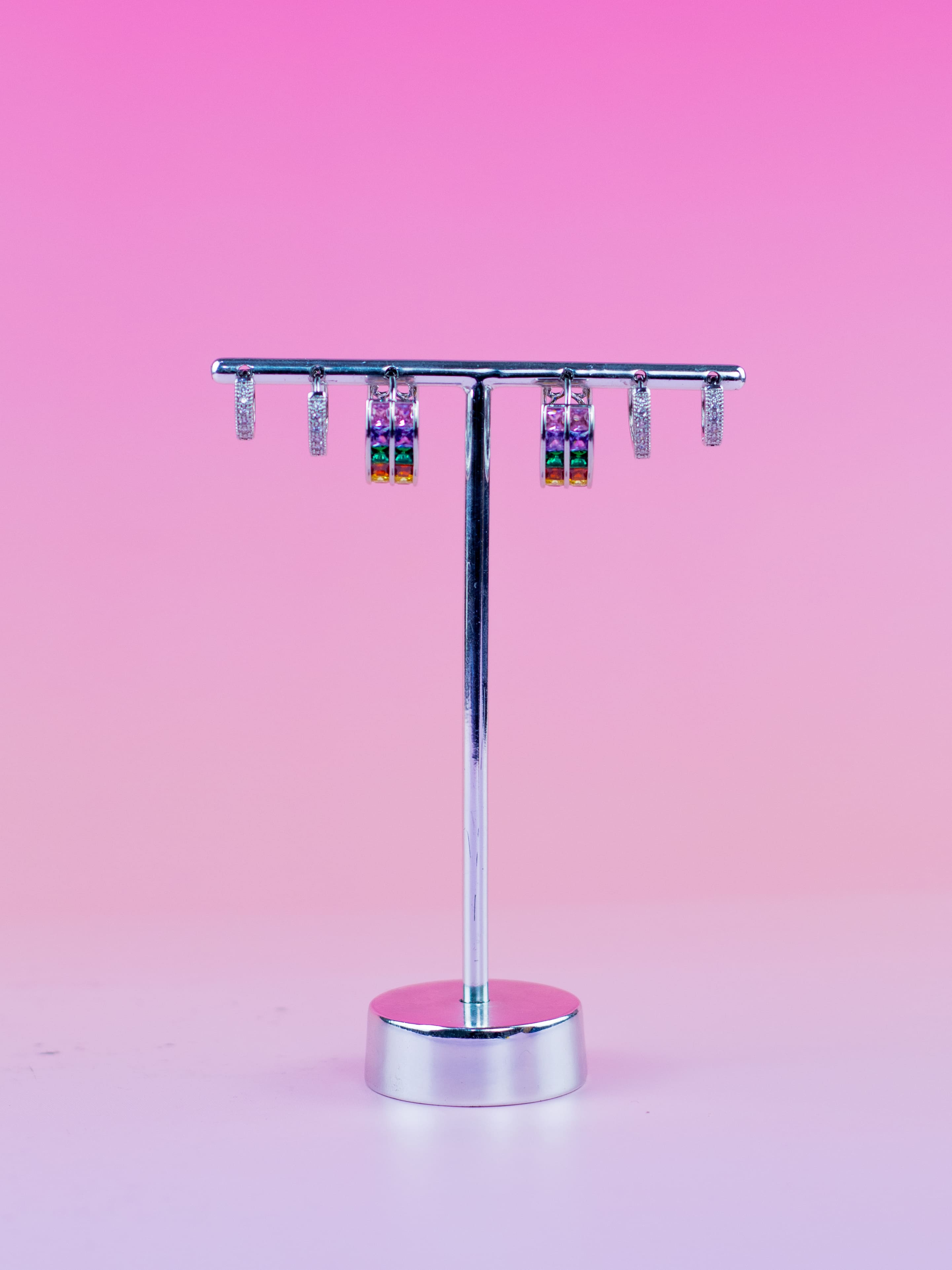 Brinco Trio de Argolinha Prata com Zircônia Colorida Dupla