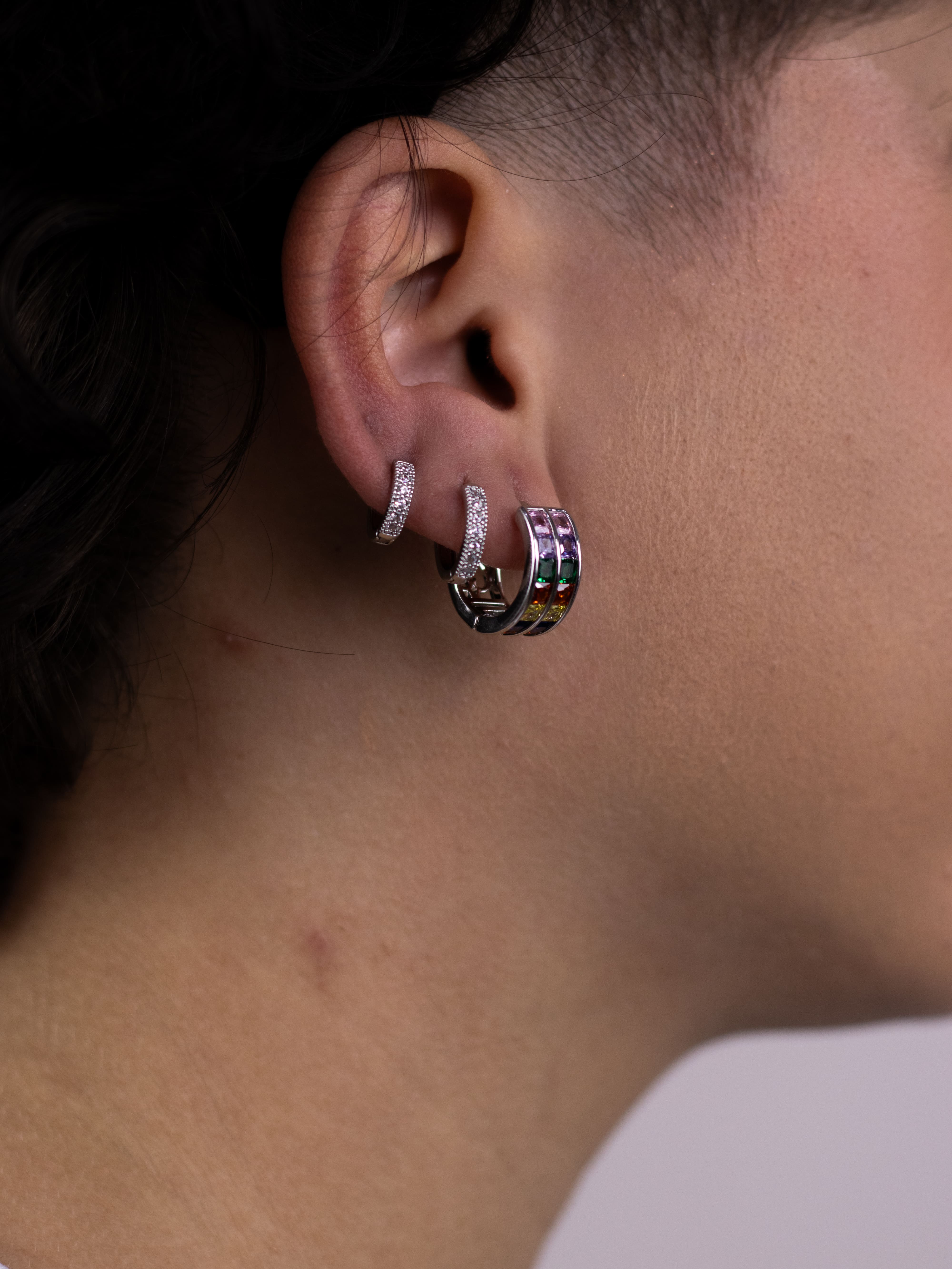 Brinco Trio de Argolinha Prata com Zircônia Colorida Dupla