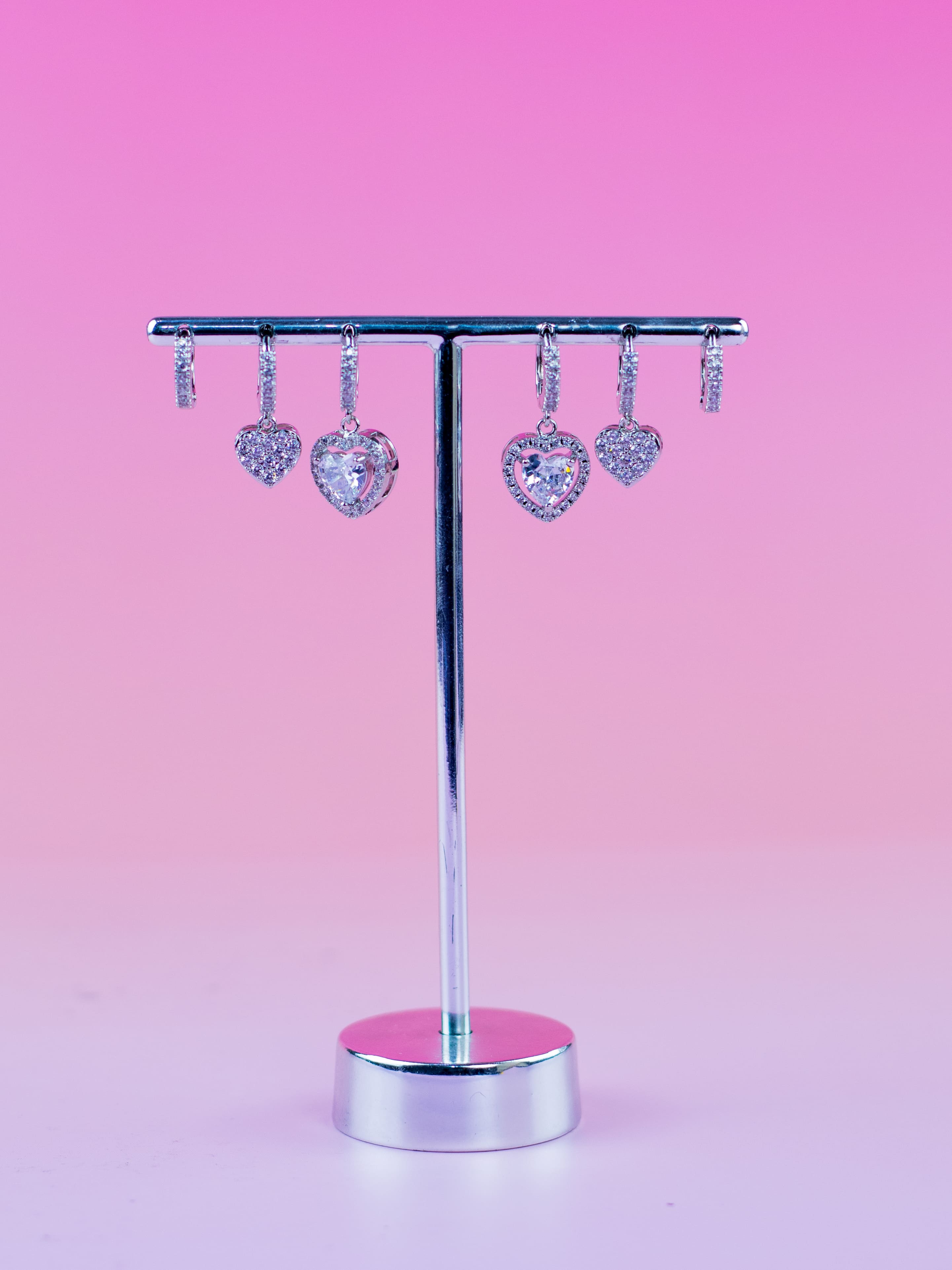 Brinco Trio De Argolinha Prata Com Pingente de Coração com Zircônia