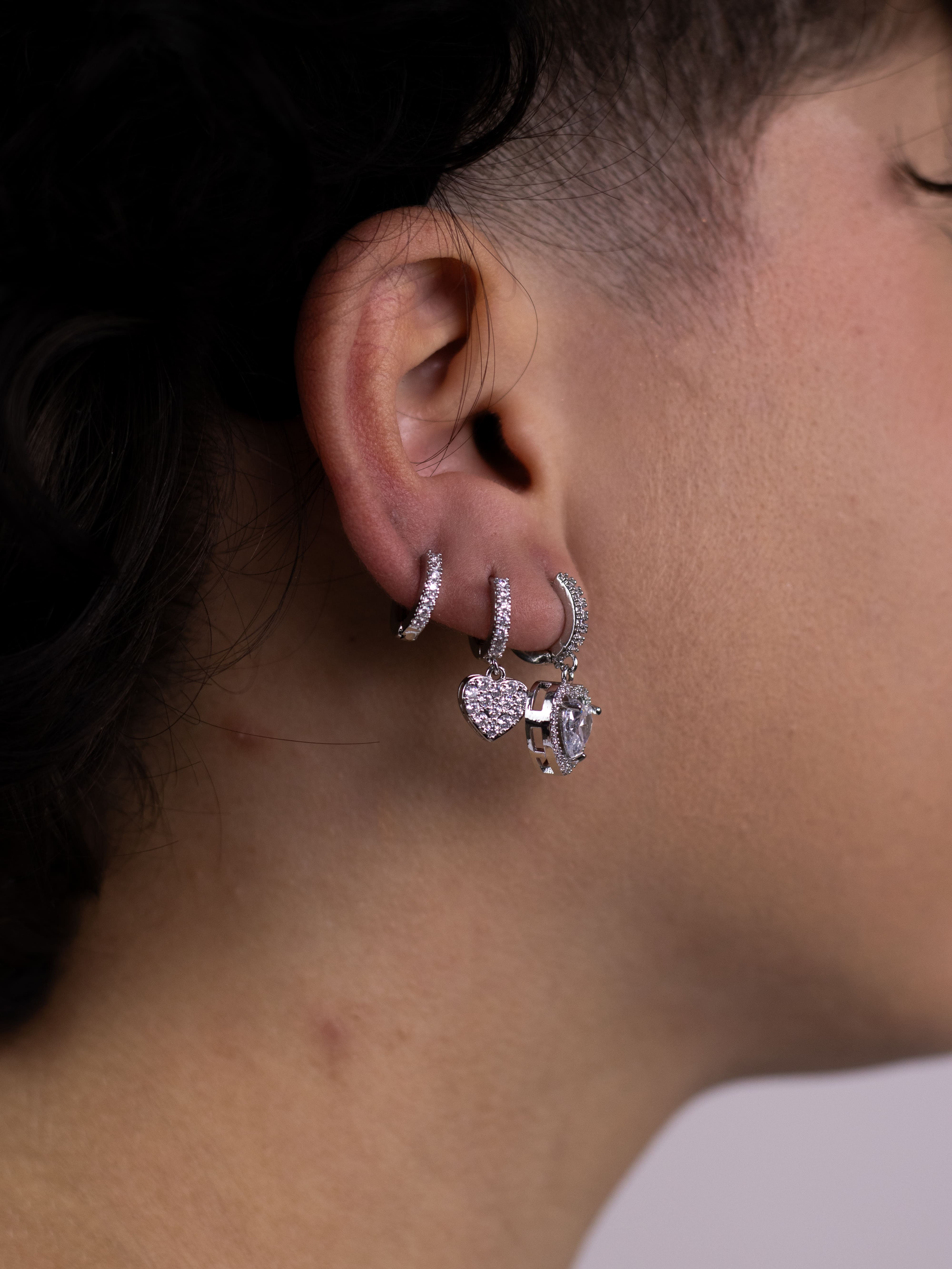 Brinco Trio De Argolinha Prata Com Pingente de Coração com Zircônia