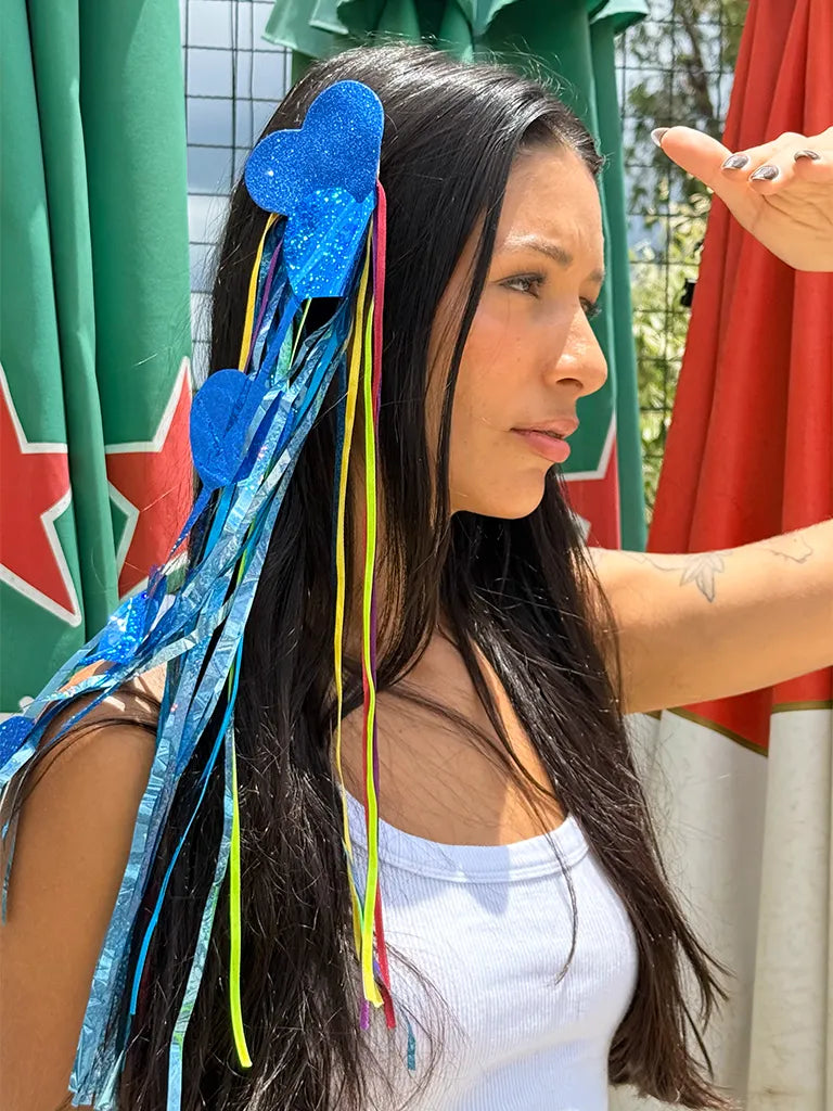 Presilha de Metalóide e Fitas com Coração Brilhante Azul para Carnaval