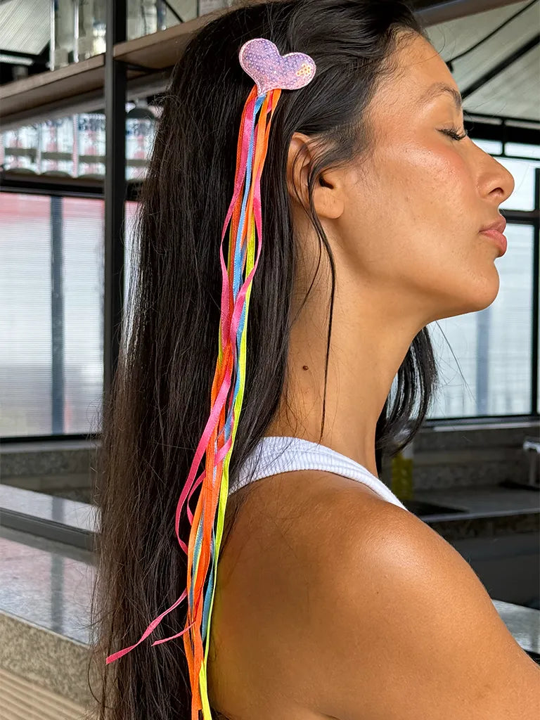 Presilha de Coração Rosa Holográfico com Fita de Cetim para Carnaval