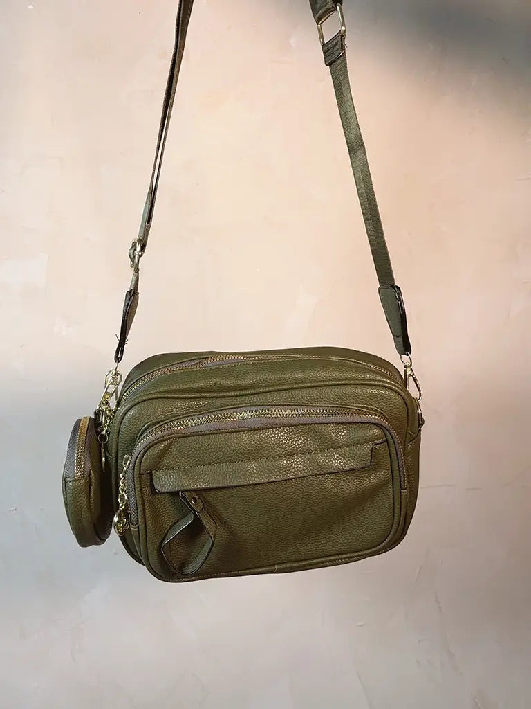 Bolsa Tiracolo Verde Militar com Bolsos e Mini Porta-Moeda