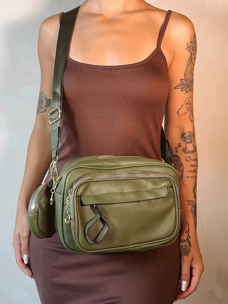 Bolsa Tiracolo Verde Militar com Bolsos e Mini Porta-Moeda
