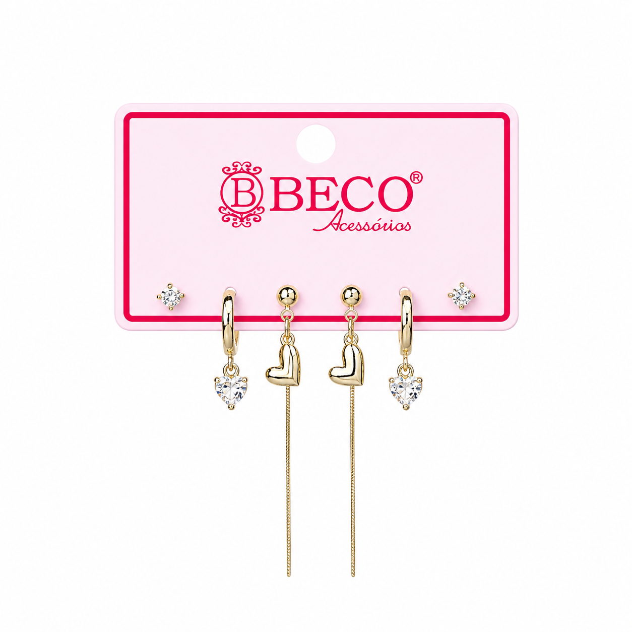 Kit De Brincos Dourados Com Coração E Ponto De Luz