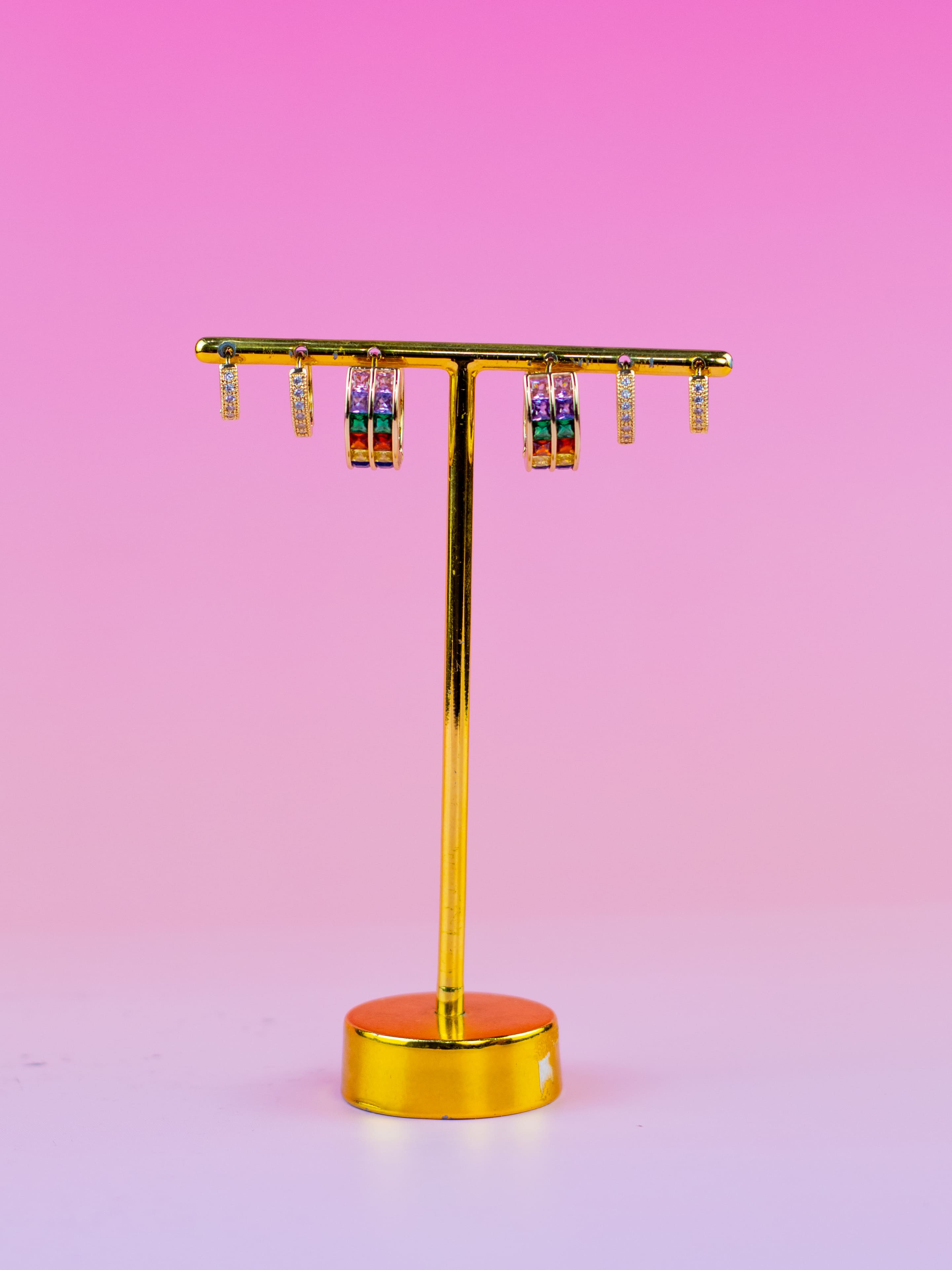 Brinco Trio de Argolinha Dourado com Zircônia Colorida Dupla